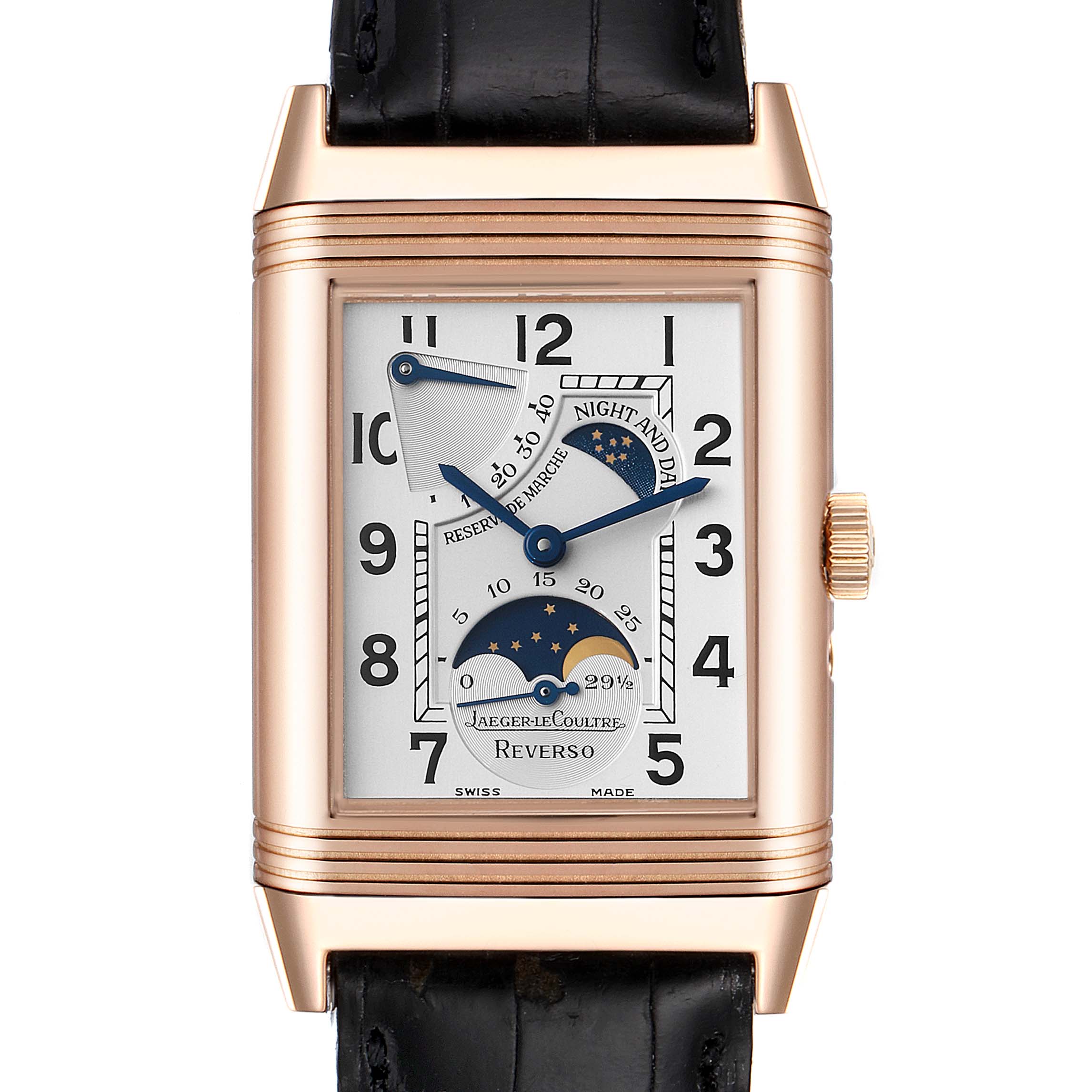 The Jaeger LeCoultre Reverso Q2752420 Men
s Rose Gold Silver Dial Q2752420 Men
s Rose Gold Silver Dial watch is shown from the front, highlighting the dial, hands, date, and power reserve indicators.