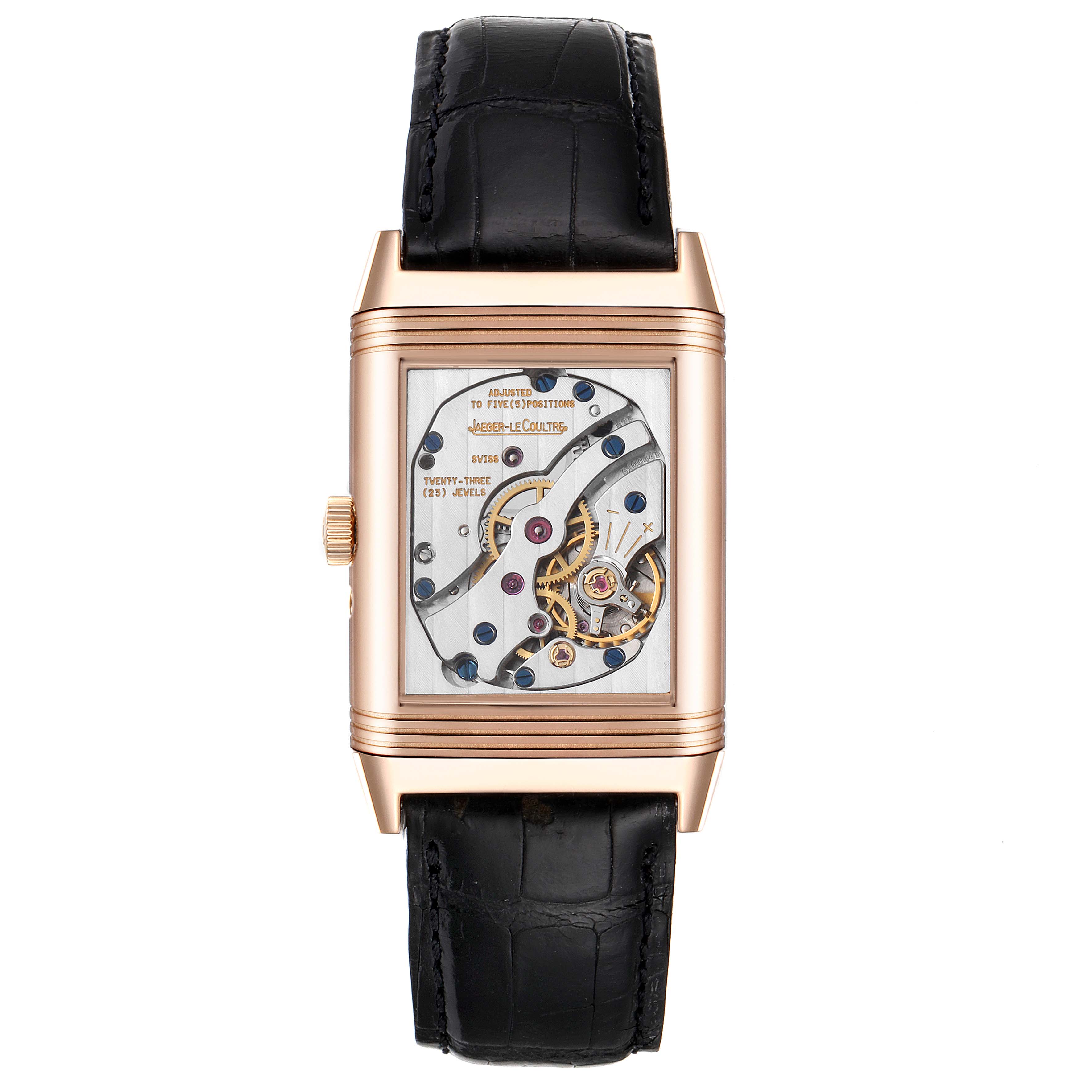 This image shows the back view of a Jaeger LeCoultre Reverso Q2752420 Men
s Rose Gold Silver Dial Q2752420 Men
s Rose Gold Silver Dial watch, showcasing its exposed mechanical movement.