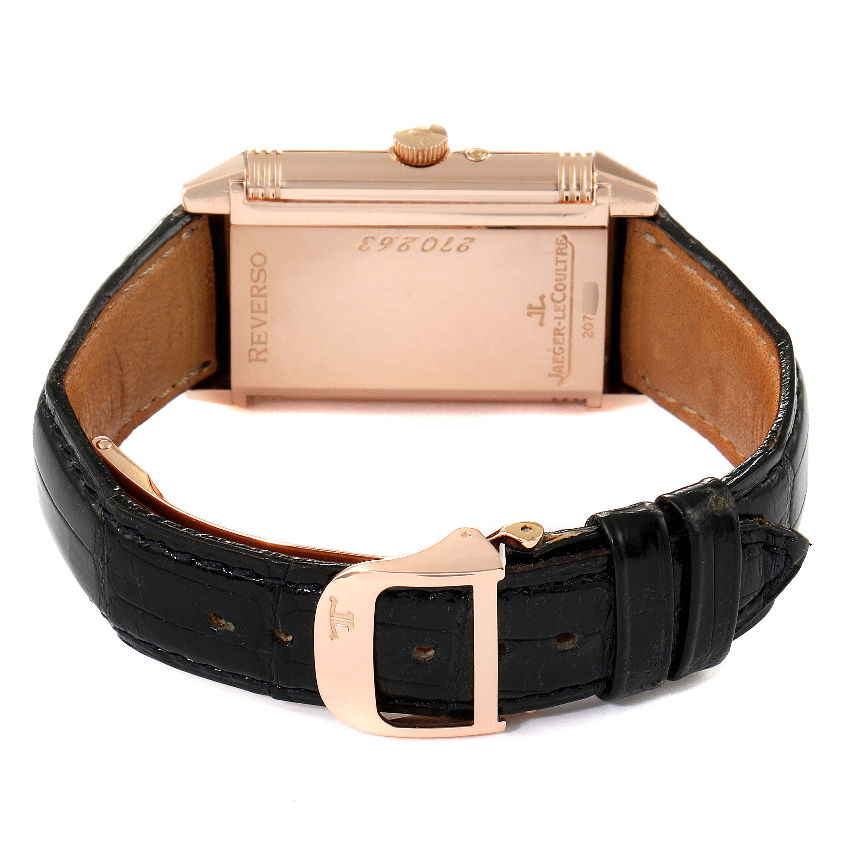 The image shows the back of a Jaeger LeCoultre Reverso Q2752420 Men
s Rose Gold Silver Dial Q2752420 Men
s Rose Gold Silver Dial watch, focusing on the strap, buckle, and case back.