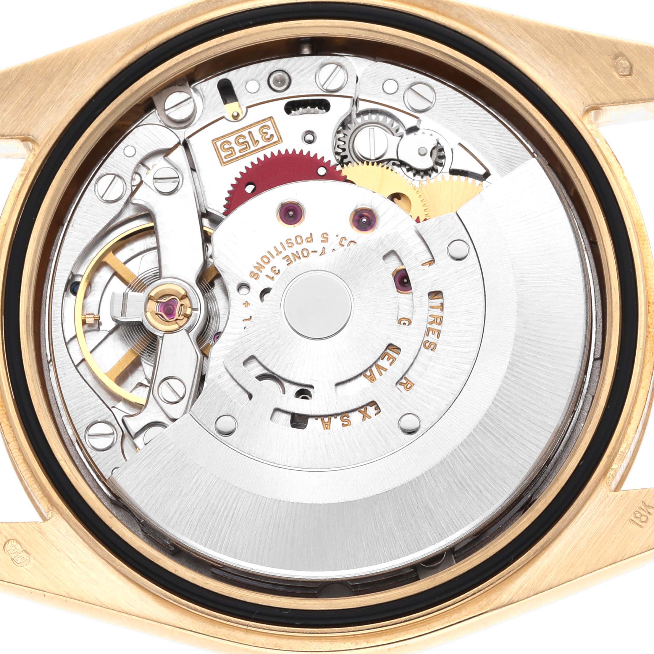 The image shows the movement from the back of a Rolex President 118238 Men's Yellow Gold Champagne Dial model, highlighting the intricate gears and rotor.