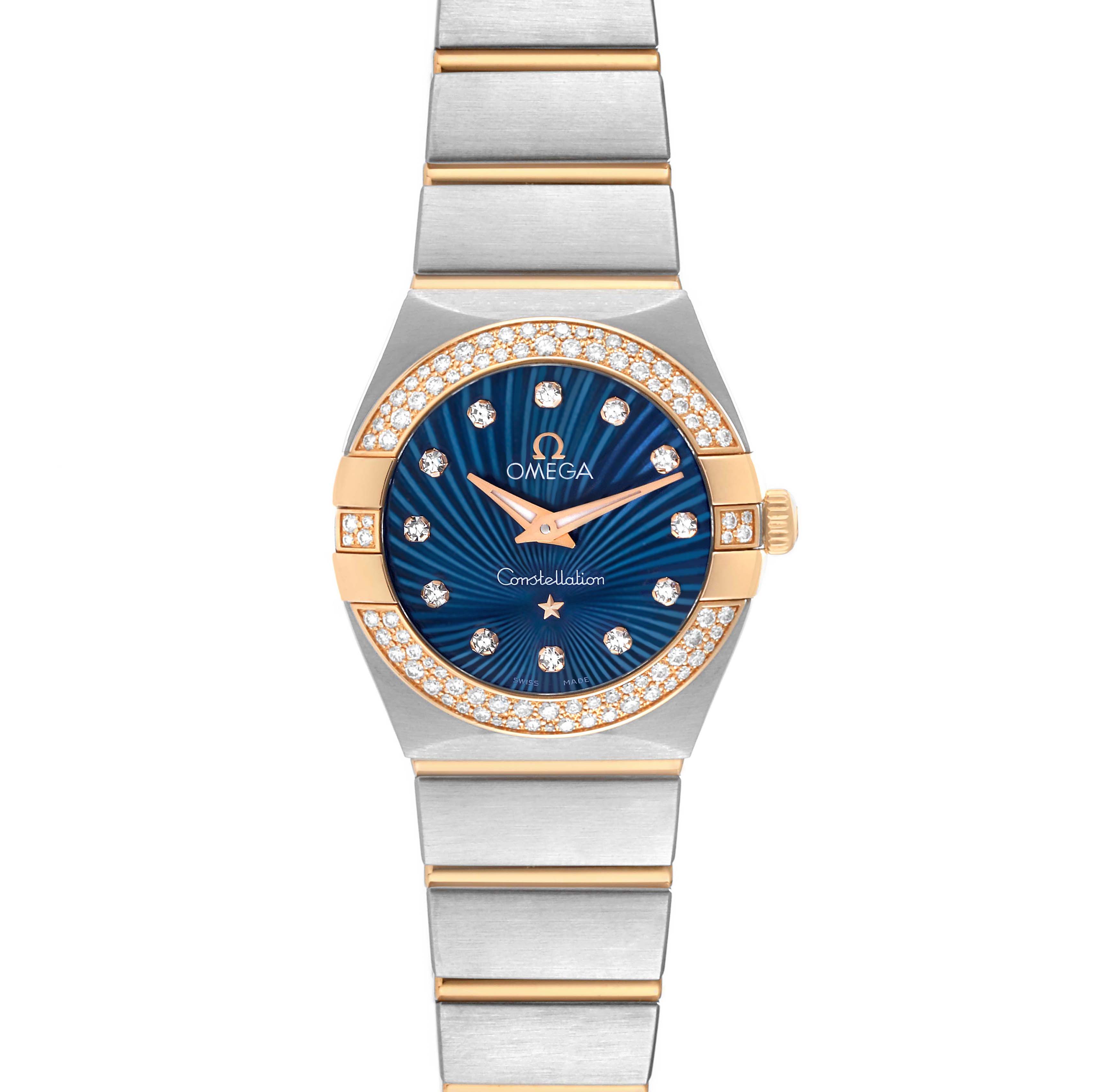 The Omega 123.25.24.60.53.001 Women's Steel and Gold (two tone) Blue Dial 123.25.24.60.53.001 Women's Steel and Gold (two tone) Blue Dial Constellation Steel Rose Gold Diamond Ladies Watch model 123.25.24.60.53.001 is shown from a top-down angle, displaying the watch face and band.