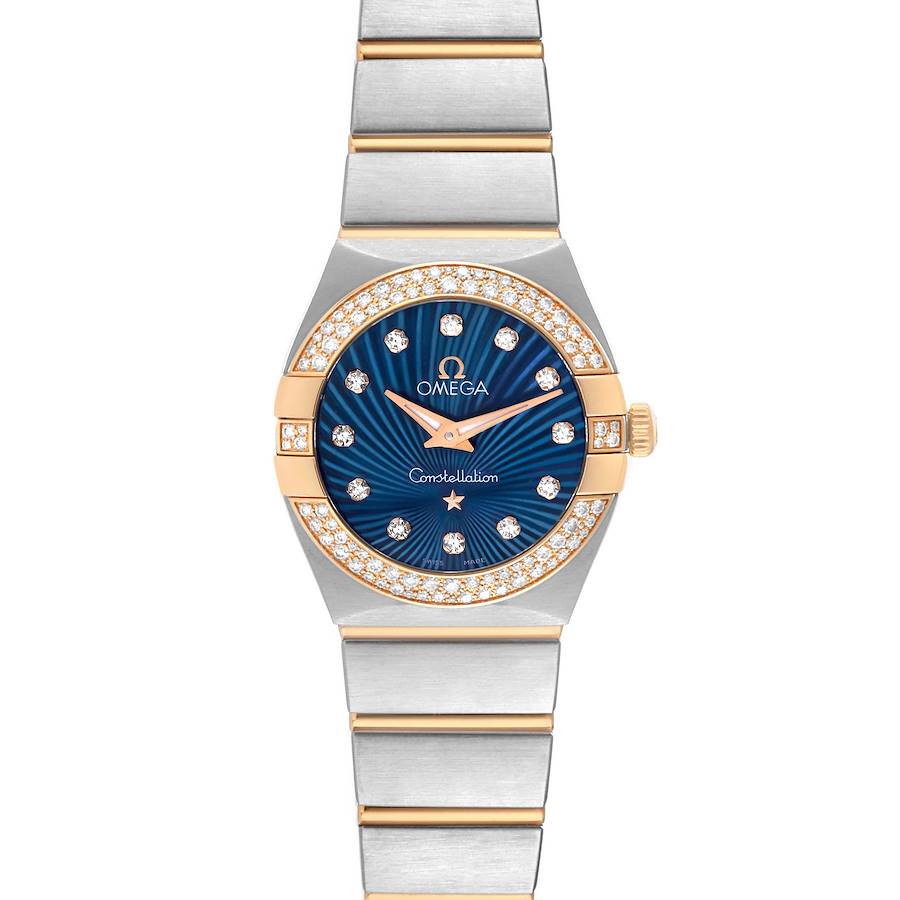 The Omega Constellation Steel Rose Gold Diamond Ladies Watch model 123.25.24.60.53.001 is shown from a top-down angle, displaying the watch face and band.