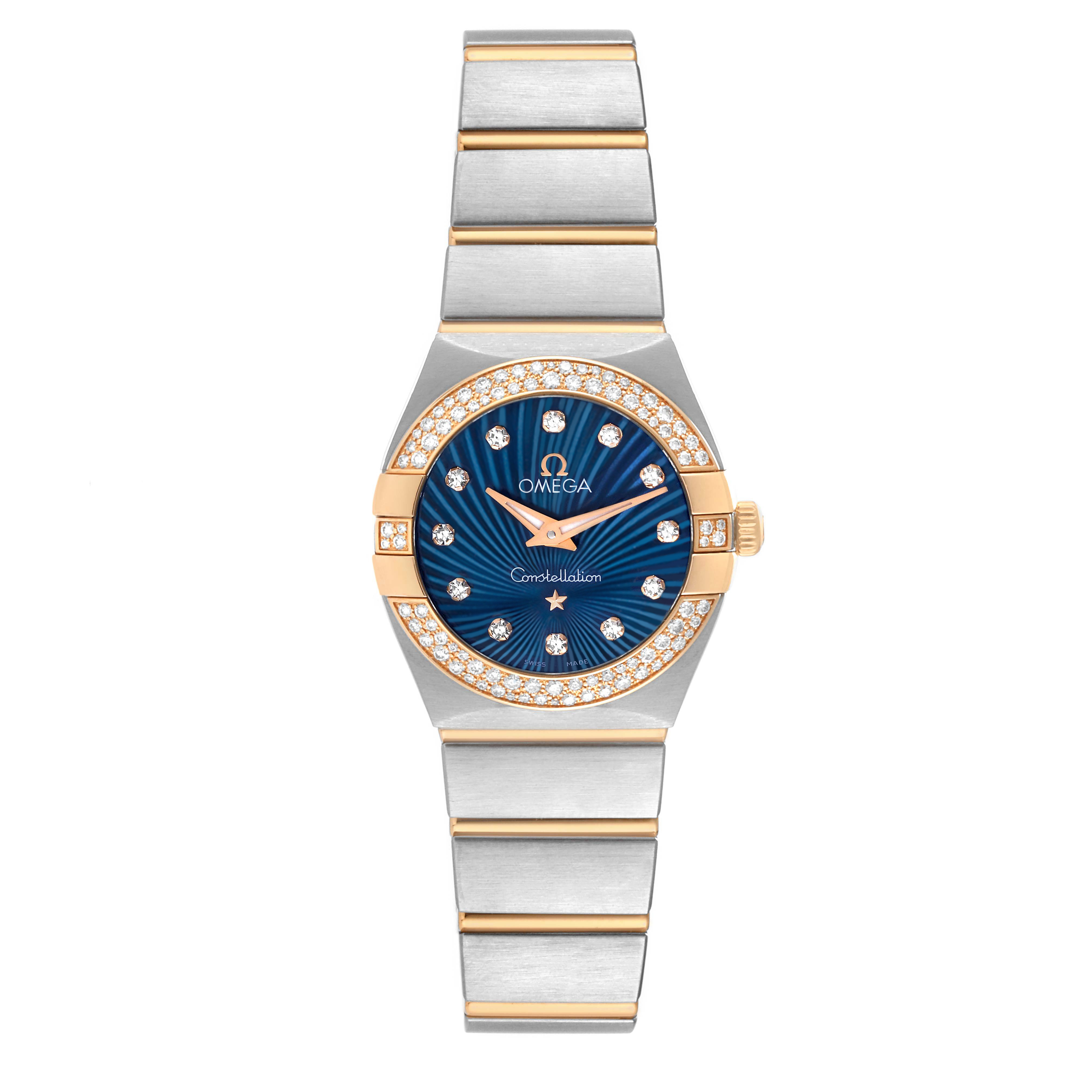 The image shows a front view of the Omega 123.25.24.60.53.001 Women's Steel and Gold (two tone) Blue Dial 123.25.24.60.53.001 Women's Steel and Gold (two tone) Blue Dial Constellation Steel Rose Gold Diamond Ladies Watch 123.25.24.60.53.001.