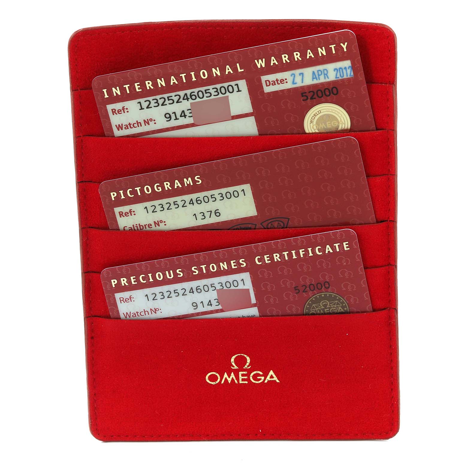 The image shows three cards inside a red Omega 123.25.24.60.53.001 Women's Steel and Gold (two tone) Blue Dial 123.25.24.60.53.001 Women's Steel and Gold (two tone) Blue Dial cardholder: the International Warranty, Pictograms, and Precious Stones Certificate for the Omega 123.25.24.60.53.001 Women's Steel and Gold (two tone) Blue Dial 123.25.24.60.53.001 Women's Steel and Gold (two tone) Blue Dial Constellation Steel Rose Gold Diamond Ladies Watch 123.25.24.60.53.001.