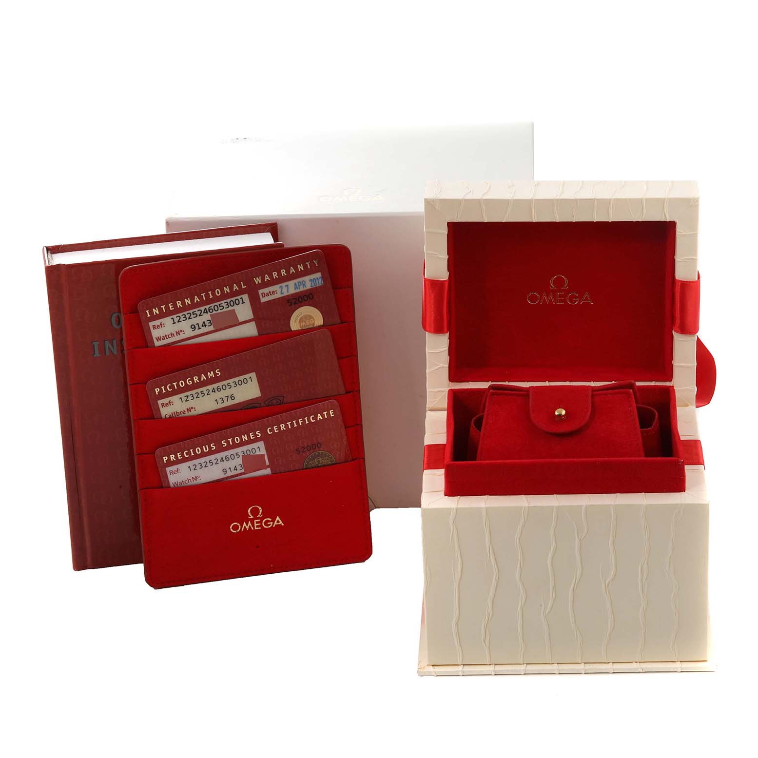 The image shows the box and documentations for the Omega 123.25.24.60.53.001 Women's Steel and Gold (two tone) Blue Dial 123.25.24.60.53.001 Women's Steel and Gold (two tone) Blue Dial Constellation Steel Rose Gold Diamond Ladies Watch 123.25.24.60.53.001.