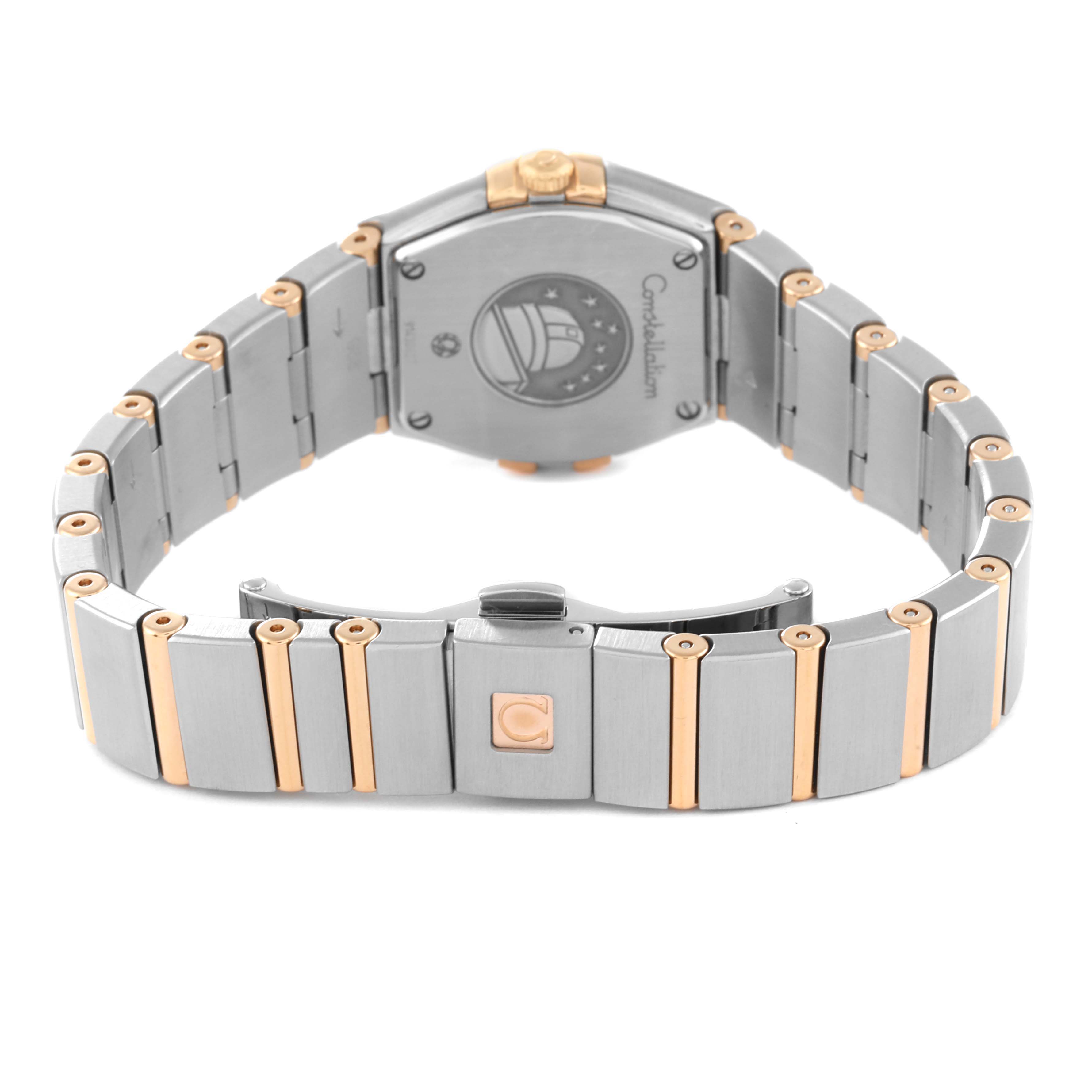 The image shows the clasp and case back of the Omega 123.25.24.60.53.001 Women's Steel and Gold (two tone) Blue Dial 123.25.24.60.53.001 Women's Steel and Gold (two tone) Blue Dial Constellation Steel Rose Gold Diamond Ladies Watch model 123.25.24.60.53.001.