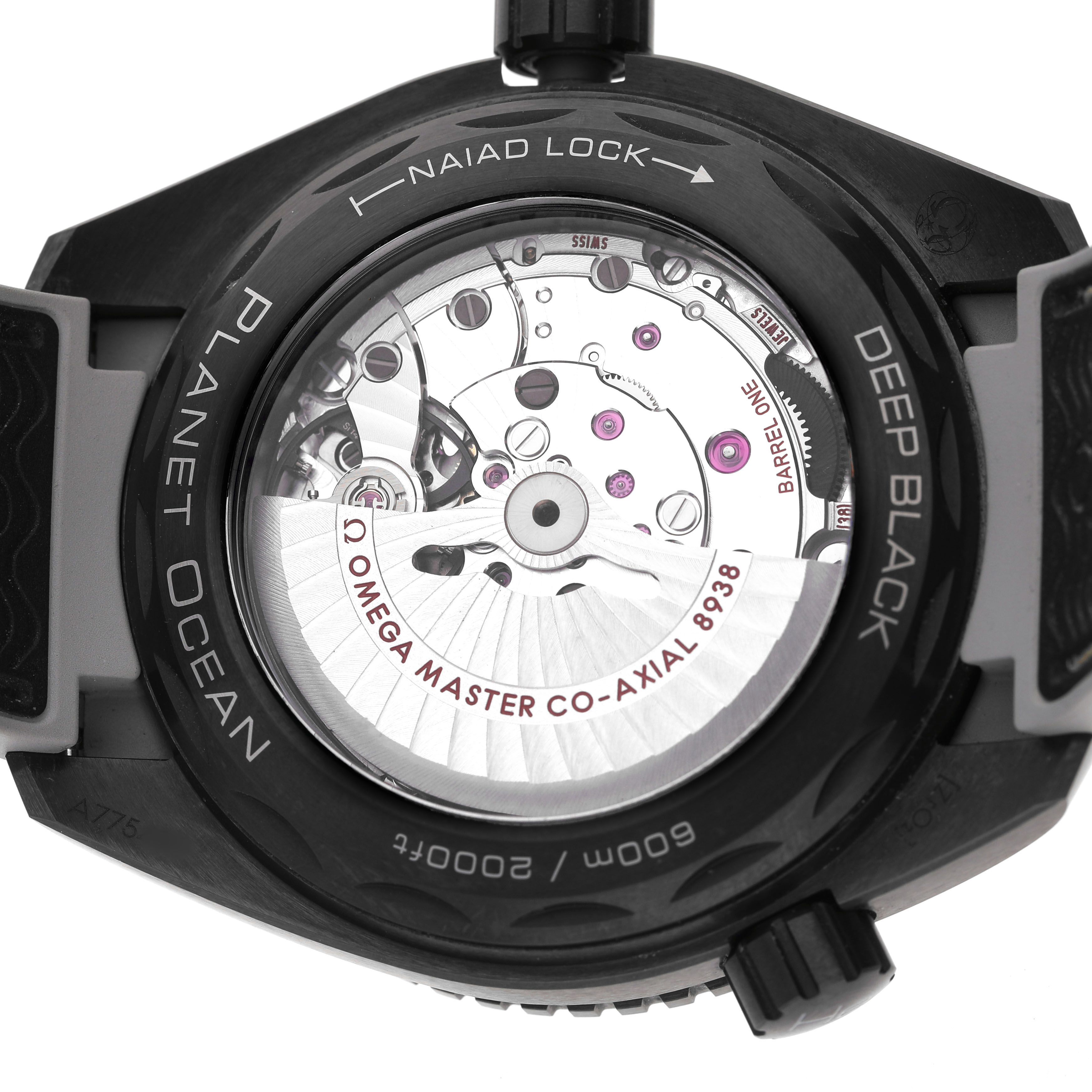The image shows the back of the Omega Planet Ocean 215.92.46.22.01.007 Men's Ceramic Black Dial watch, highlighting its Co-Axial 8938 movement.