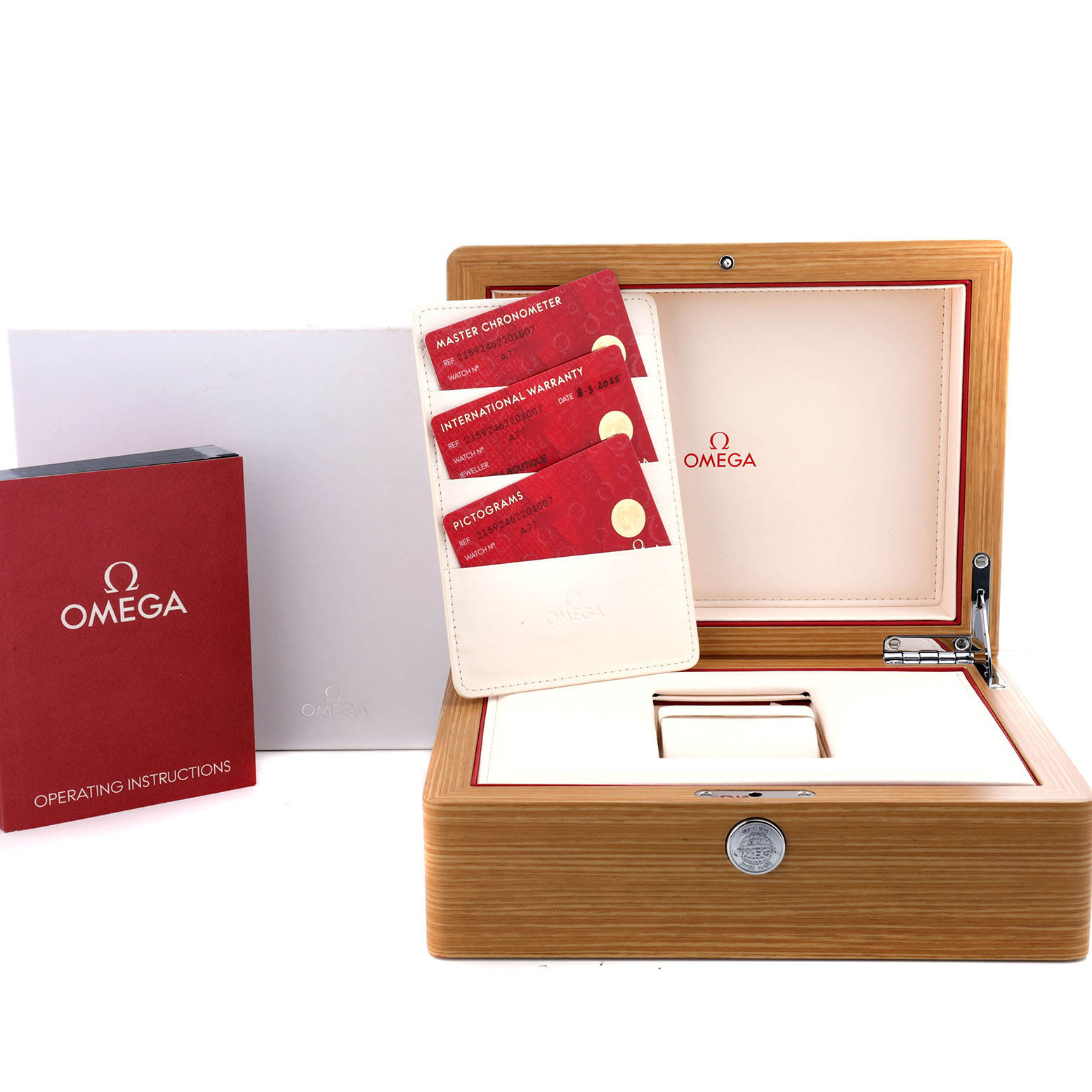 The image shows an open wooden Omega box with cards and instructions for the Omega Planet Ocean 215.92.46.22.01.007 Men's Ceramic Black Dial model.