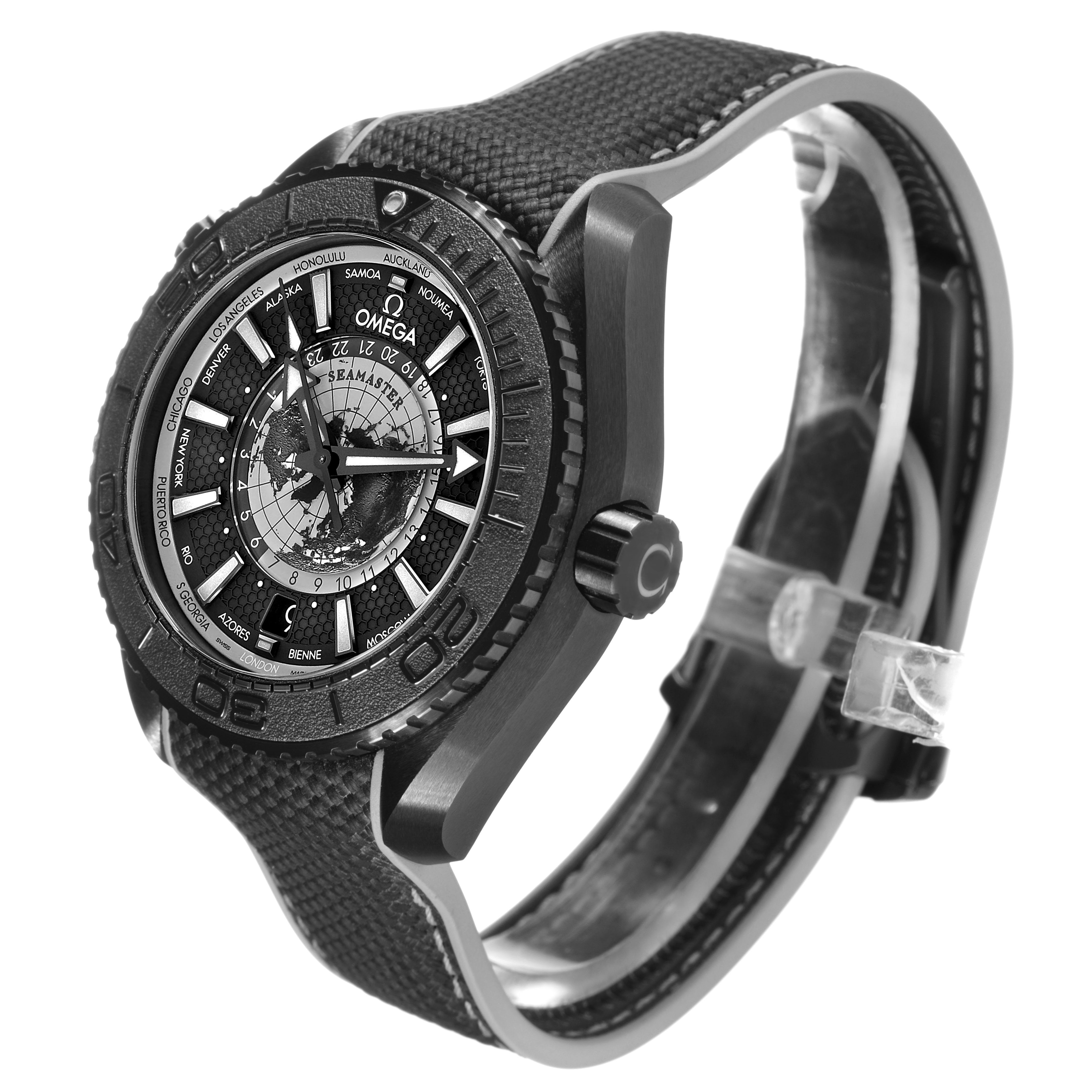 The Omega Planet Ocean 215.92.46.22.01.007 Men's Ceramic Black Dial watch is shown at a three-quarter angle, highlighting the bezel, dial, crown, and textured strap.