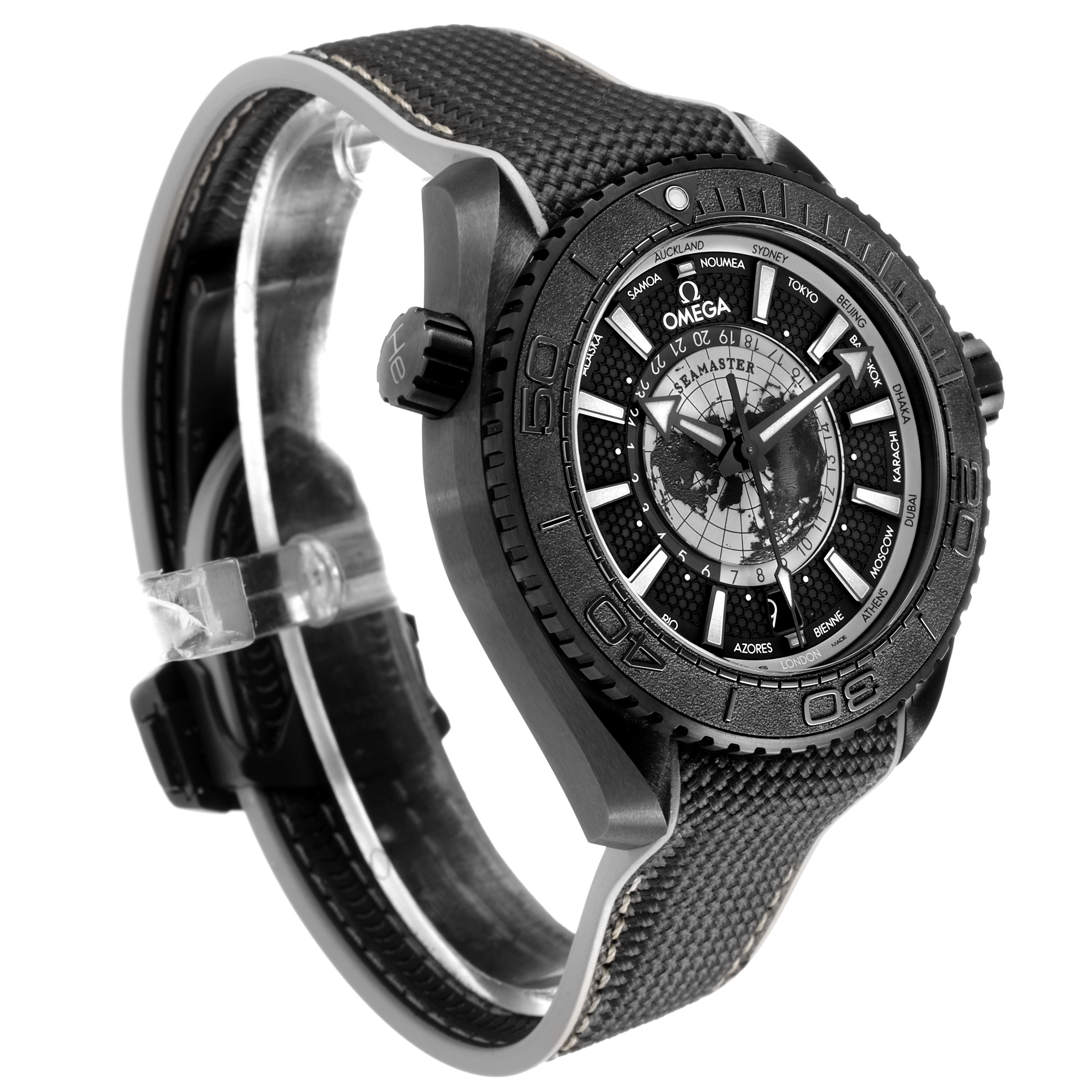 The Omega Planet Ocean 215.92.46.22.01.007 Men's Ceramic Black Dial watch is shown at a three-quarter angle, highlighting the bezel, face, and strap design.