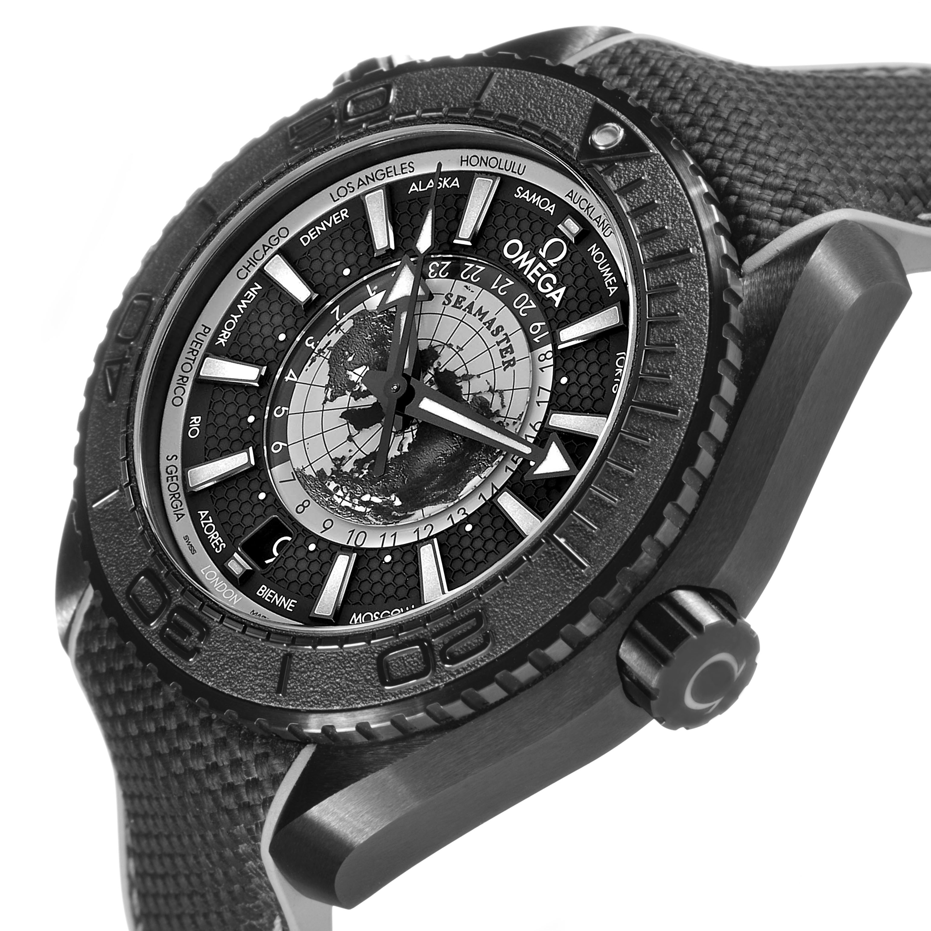 The Omega Planet Ocean 215.92.46.22.01.007 Men's Ceramic Black Dial watch is shown at an angled side view, highlighting the face, bezel, and crown.