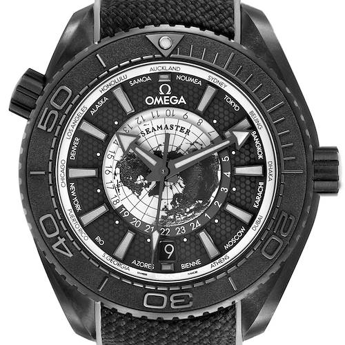 This Omega Planet Ocean 215.92.46.22.01.007 Men's Ceramic Black Dial model shows a front view, detailing the dial, bezel, and strap.