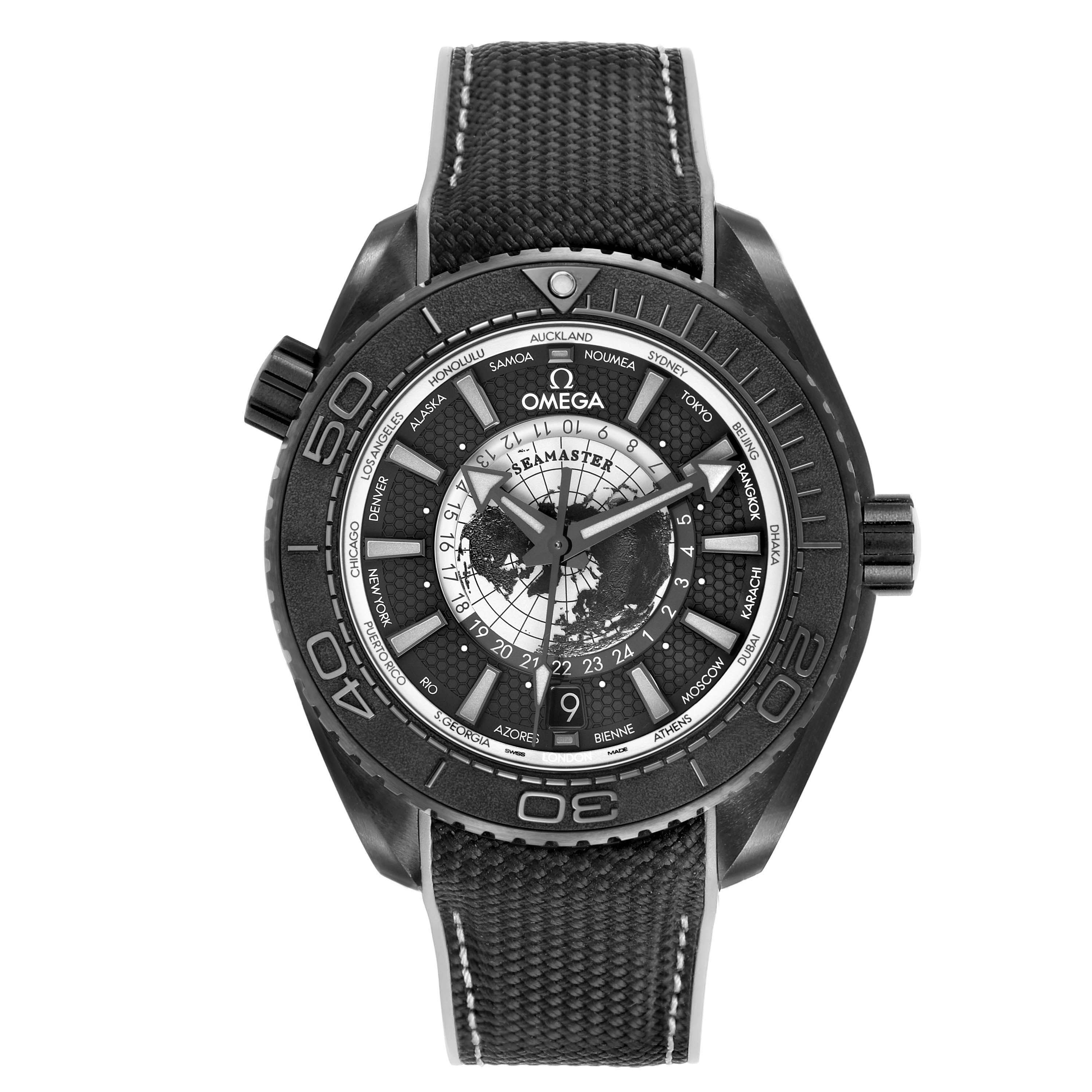 The Omega Planet Ocean 215.92.46.22.01.007 Men's Ceramic Black Dial watch is shown from a top view, highlighting its dial, bezel, and strap.