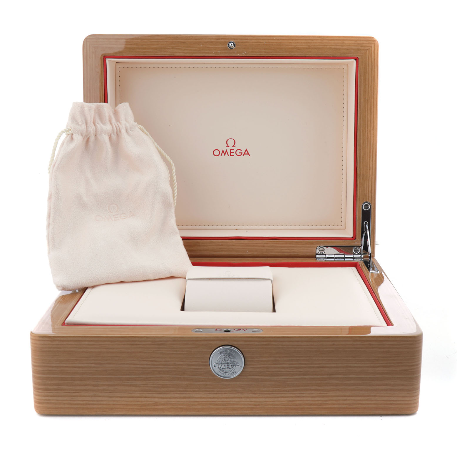 The Omega Seamaster 234.30.41.21.01.001 Men's Stainless Steel Black Dial accessories shown include an open wooden watch box with branding and a soft drawstring pouch beside it.