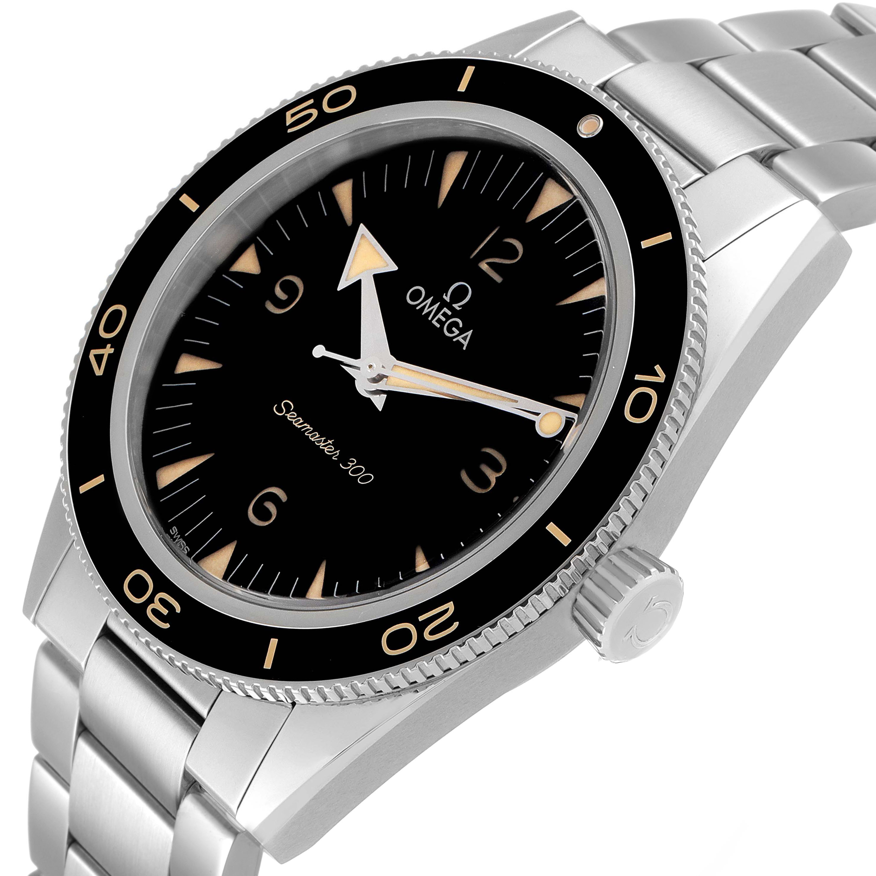 The Omega Seamaster 234.30.41.21.01.001 Men's Stainless Steel Black Dial model is shown at an angled view, highlighting the dial, bezel, crown, and part of the bracelet.