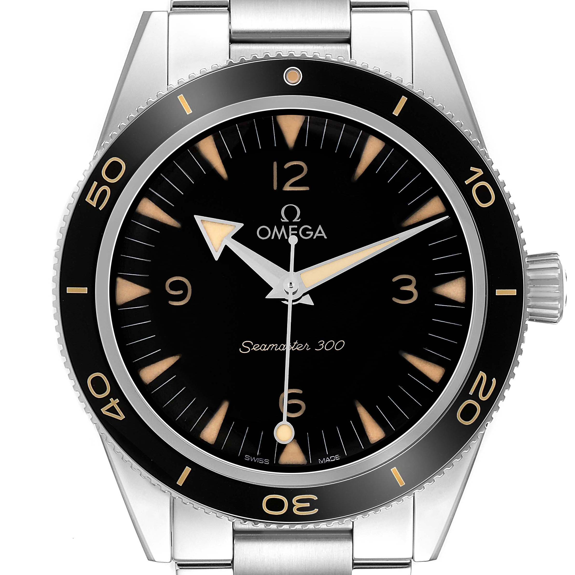 The Omega Seamaster 234.30.41.21.01.001 Men's Stainless Steel Black Dial watch is shown from a front angle, featuring its dial, bezel, and part of the bracelet.