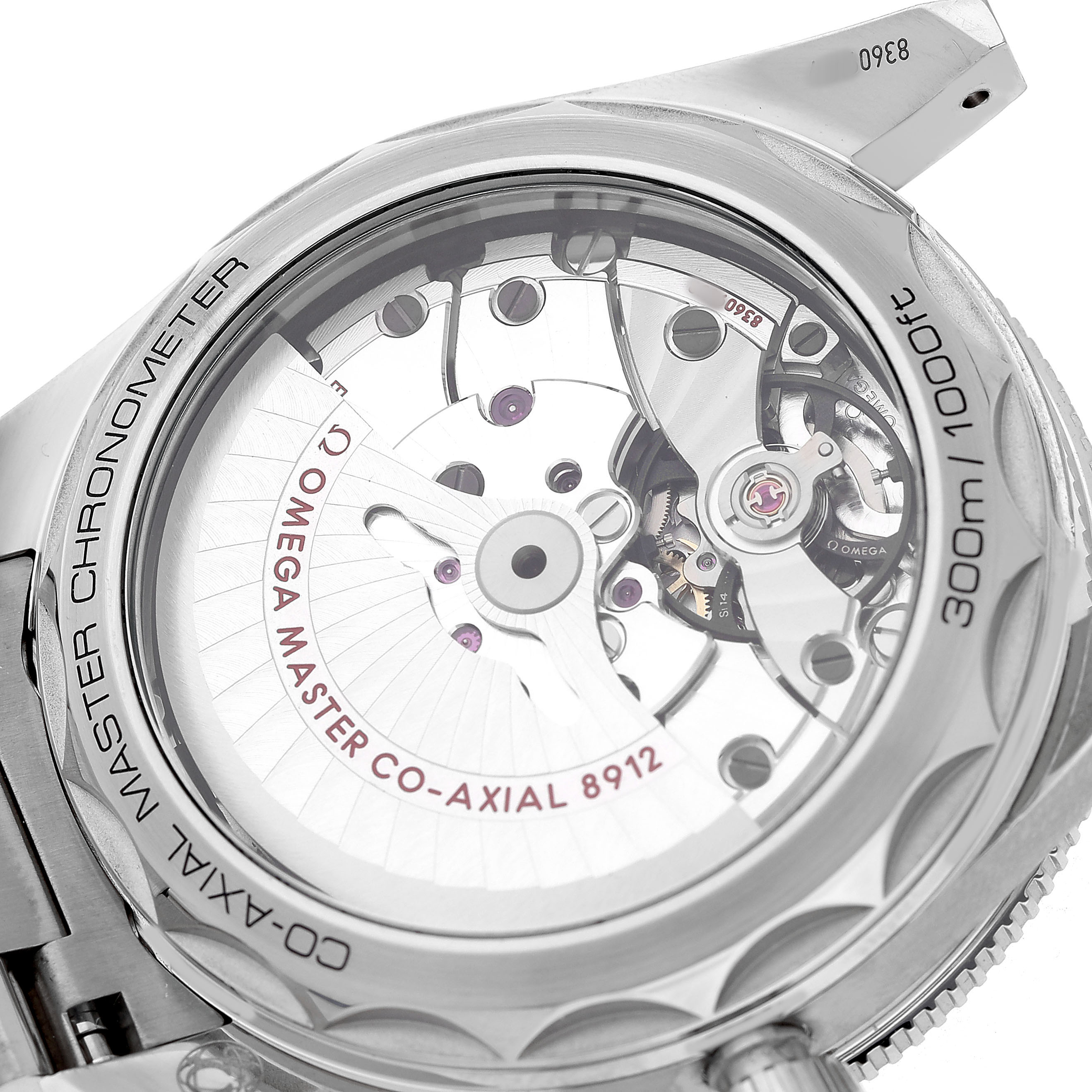 The image shows the back of an Omega Seamaster 234.30.41.21.01.001 Men's Stainless Steel Black Dial, highlighting its transparent case back and visible Co-Axial 8912 movement.