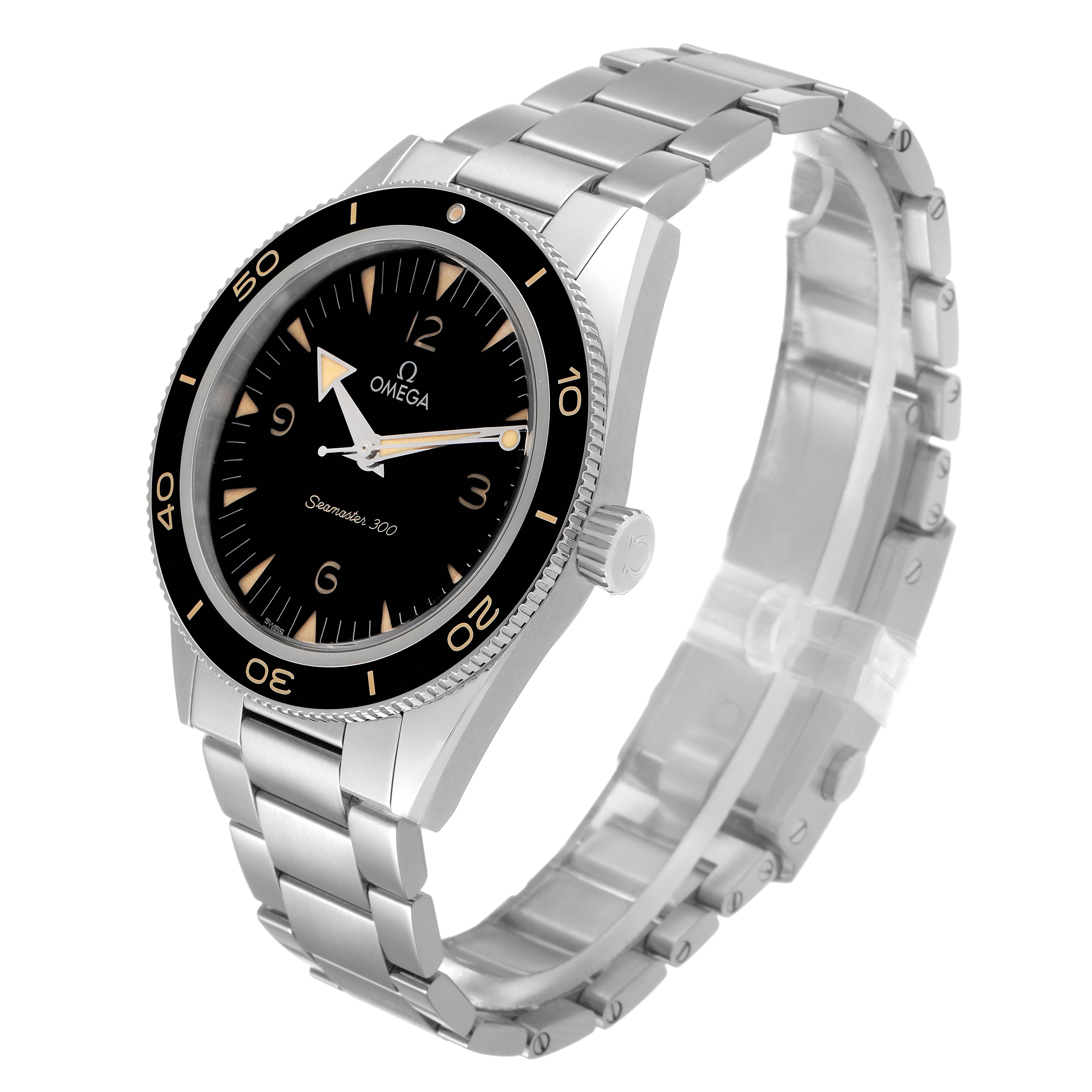 The Omega Seamaster 234.30.41.21.01.001 Men's Stainless Steel Black Dial watch is shown at a three-quarter angle, displaying the face, bezel, crown, and metal bracelet.