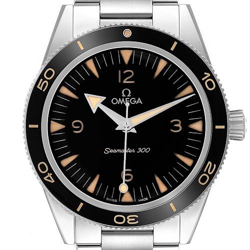 The Omega Seamaster 234.30.41.21.01.001 Men's Stainless Steel Black Dial watch is shown from the front, displaying the face, bezel, hands, and part of the strap.