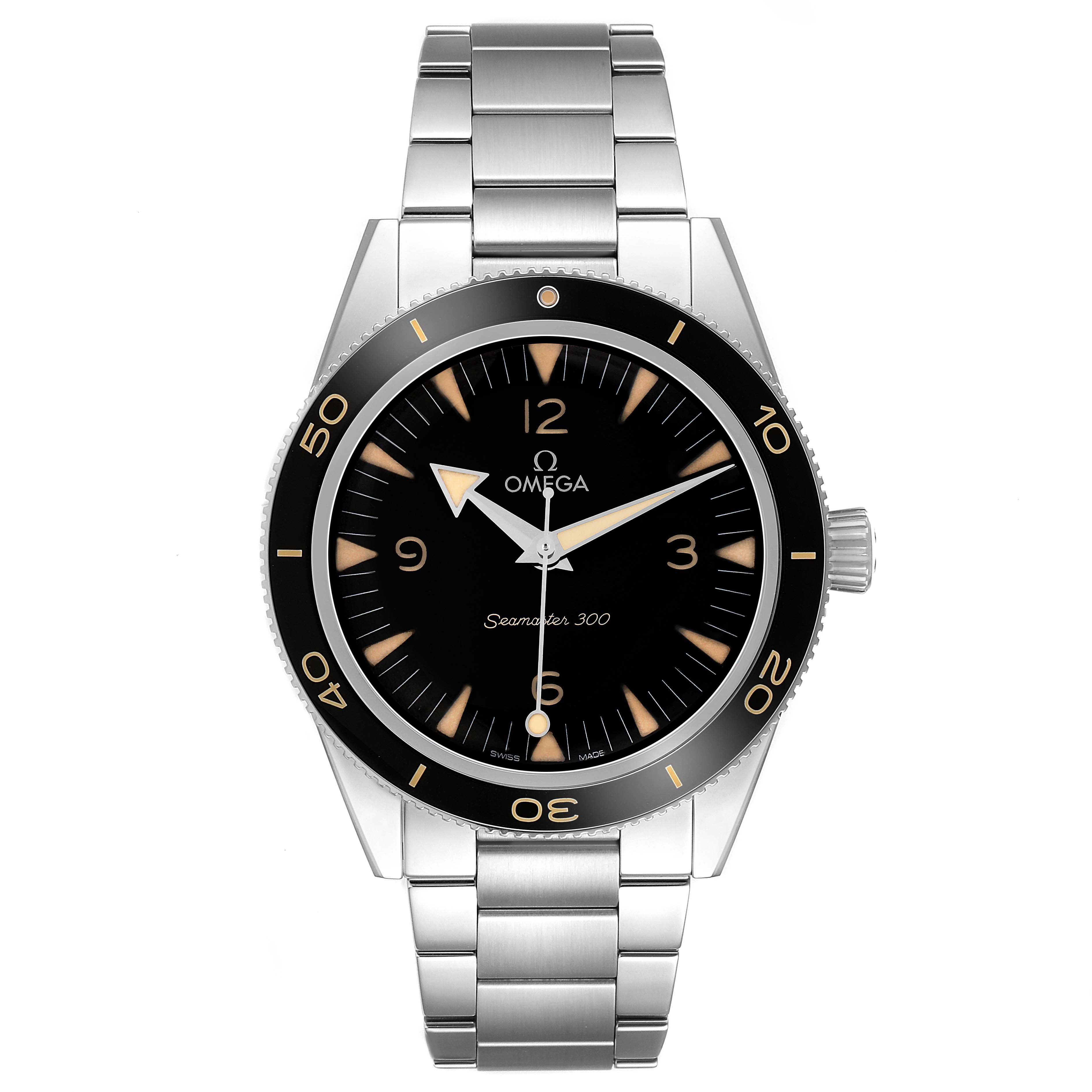 The Omega Seamaster 234.30.41.21.01.001 Men's Stainless Steel Black Dial model is shown from a top-down angle, displaying the full dial, bezel, and bracelet.