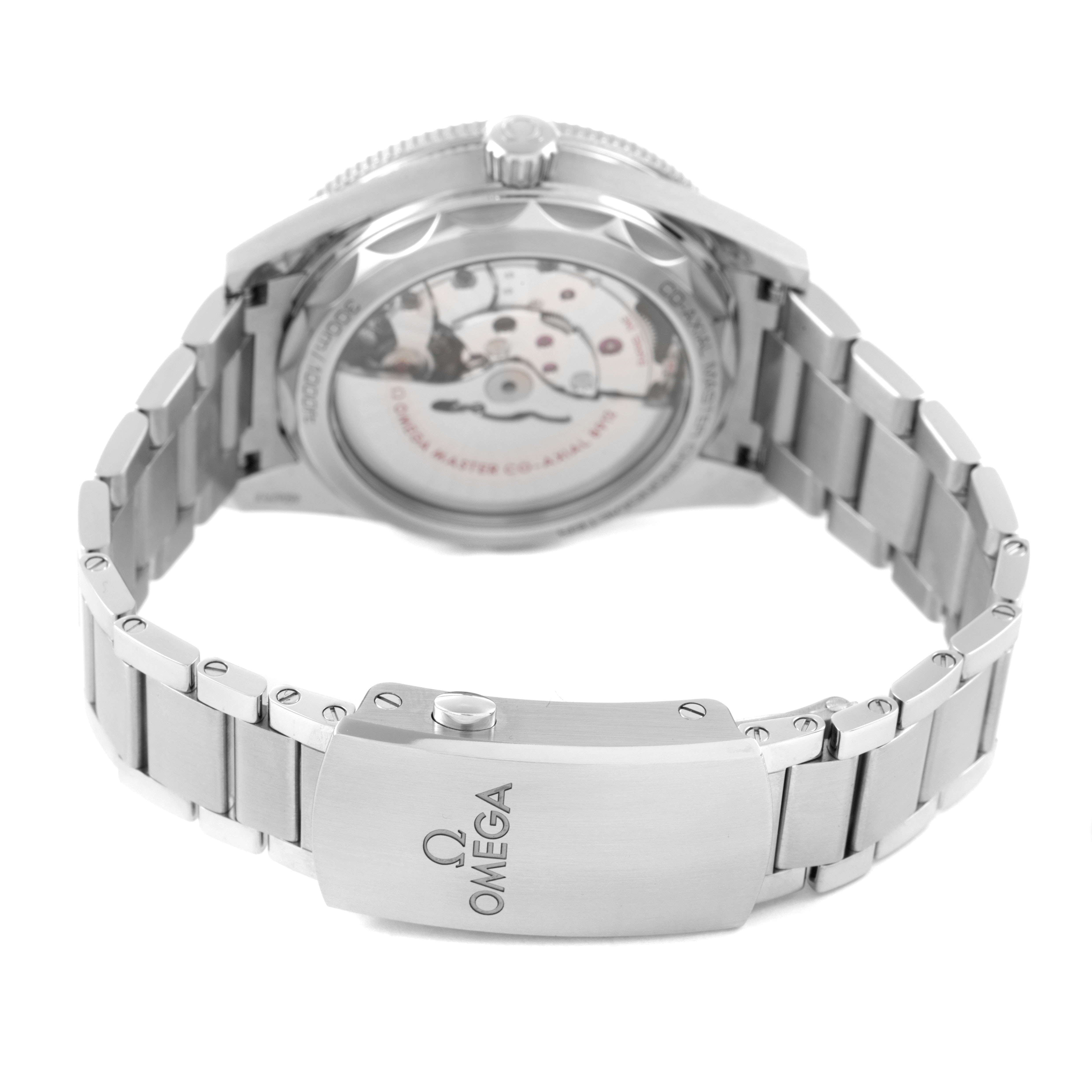 The Omega Seamaster 234.30.41.21.01.001 Men's Stainless Steel Black Dial is shown from the back, highlighting the transparent case back and metal bracelet with the Omega logo on the clasp.
