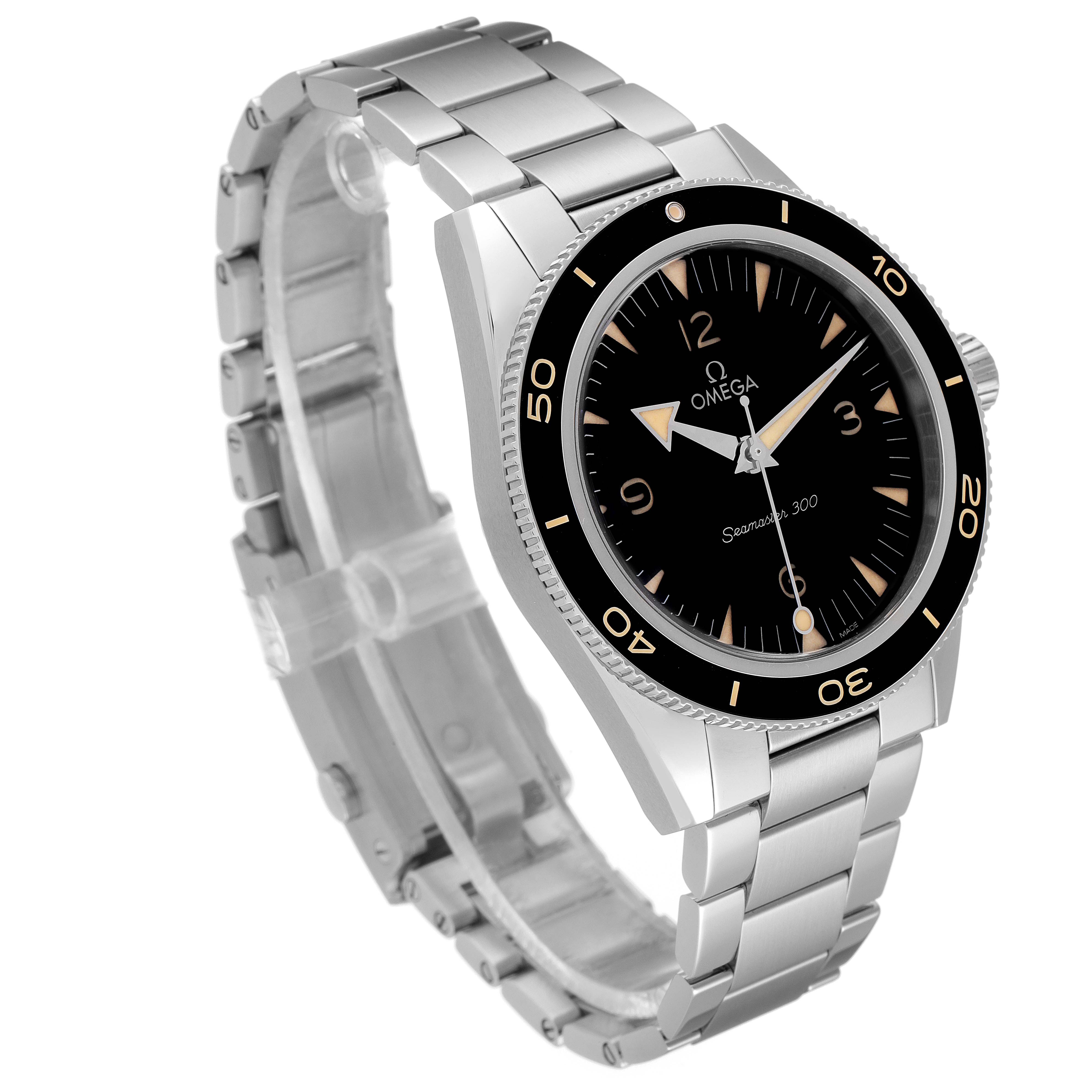 The Omega Seamaster 234.30.41.21.01.001 Men's Stainless Steel Black Dial watch is shown at a front angle, highlighting its dial, bezel, case, and stainless steel bracelet.