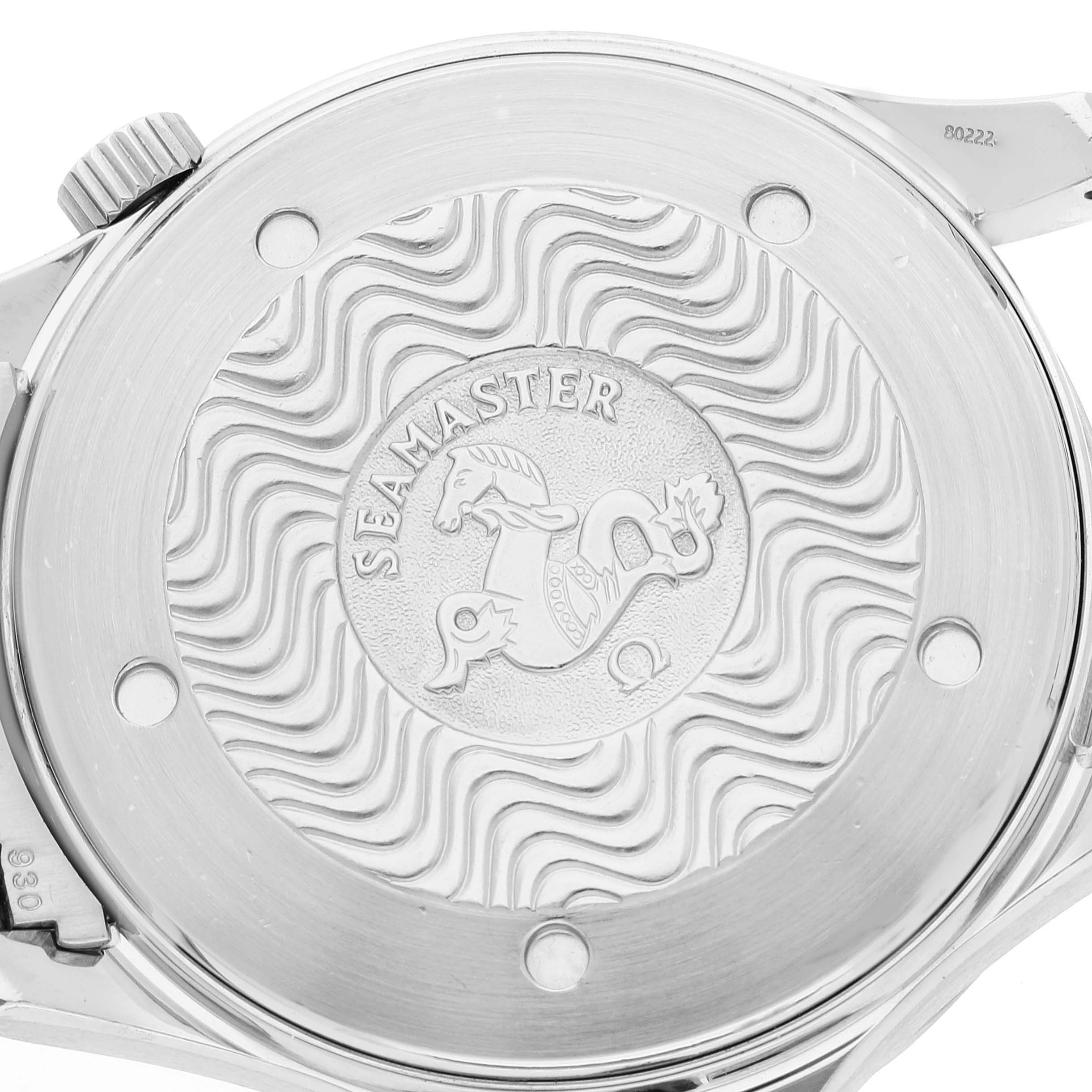 This image shows the case back of an Omega Seamaster 2254.50.00 Men's Stainless Steel Black Dial 2254.50.00 Men's Stainless Steel Black Dial watch with its engraved design.