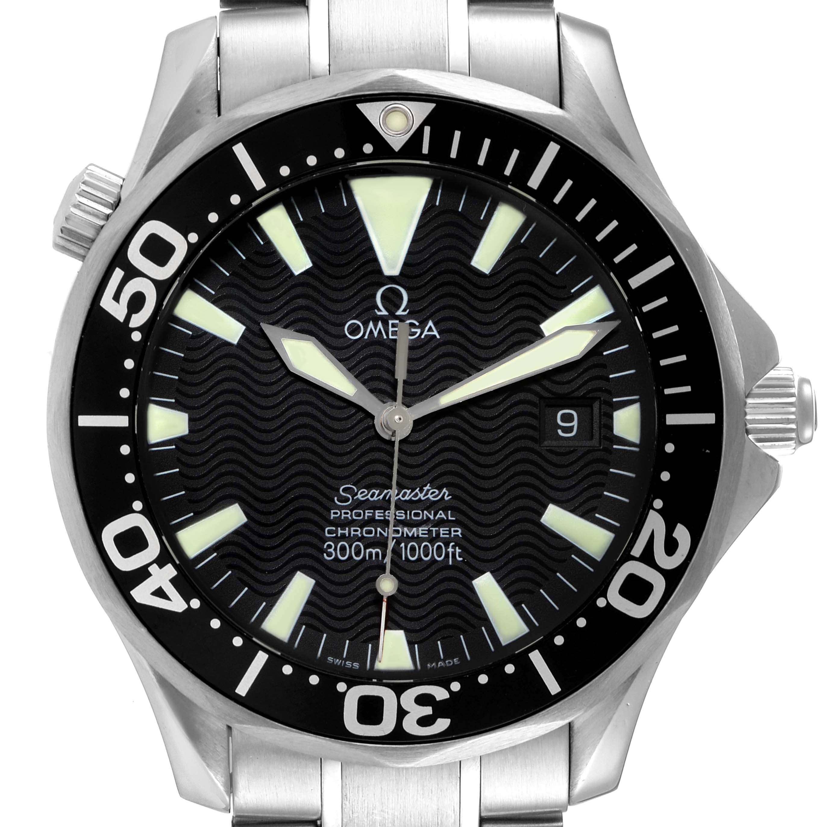 This image shows a front view of the Omega Seamaster 2254.50.00 Men's Stainless Steel Black Dial 2254.50.00 Men's Stainless Steel Black Dial watch displaying its bezel, dial, hands, and part of the bracelet.