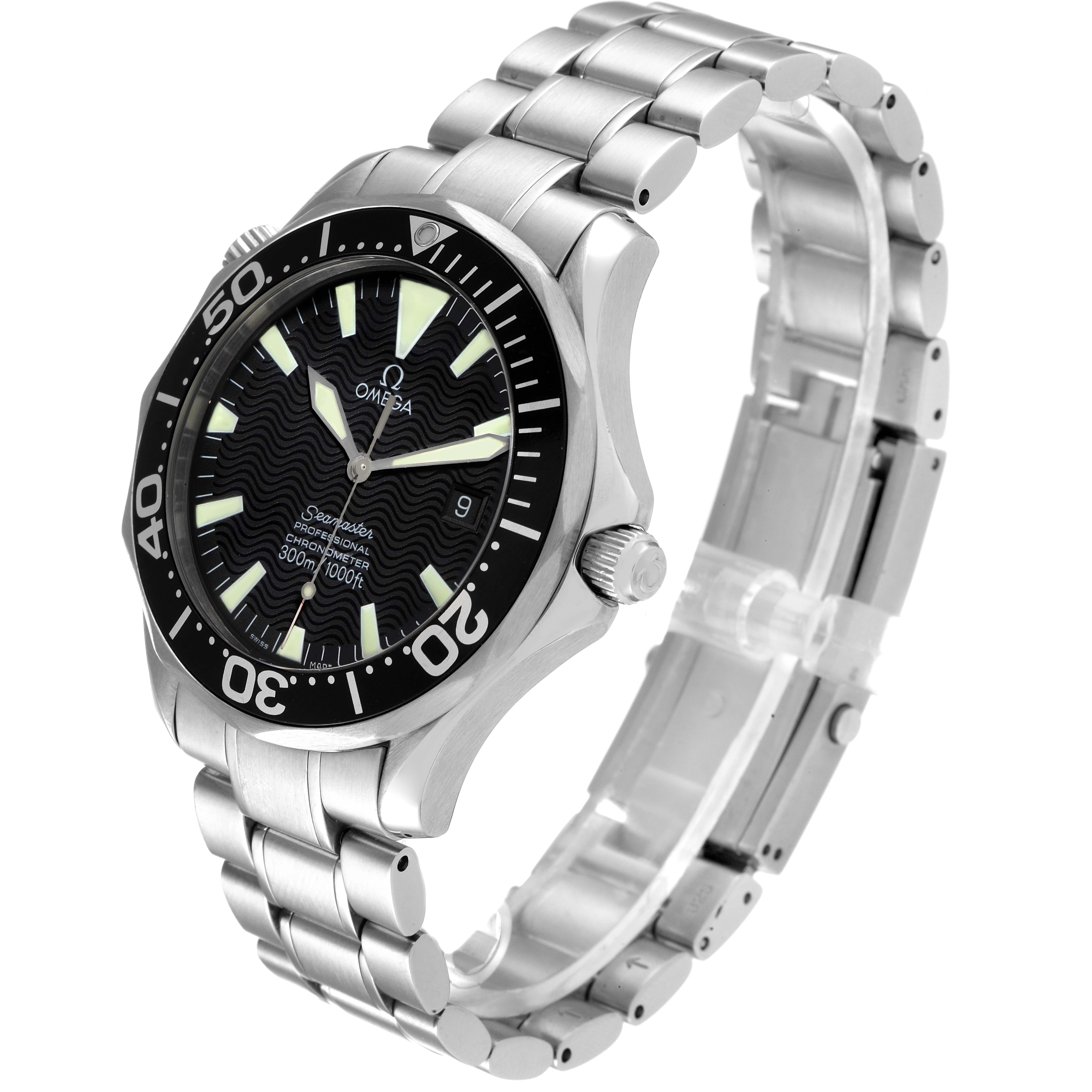 The image shows an Omega Seamaster 2254.50.00 Men's Stainless Steel Black Dial 2254.50.00 Men's Stainless Steel Black Dial watch from a front-left angle, highlighting its bezel, face, crown, and metal bracelet.