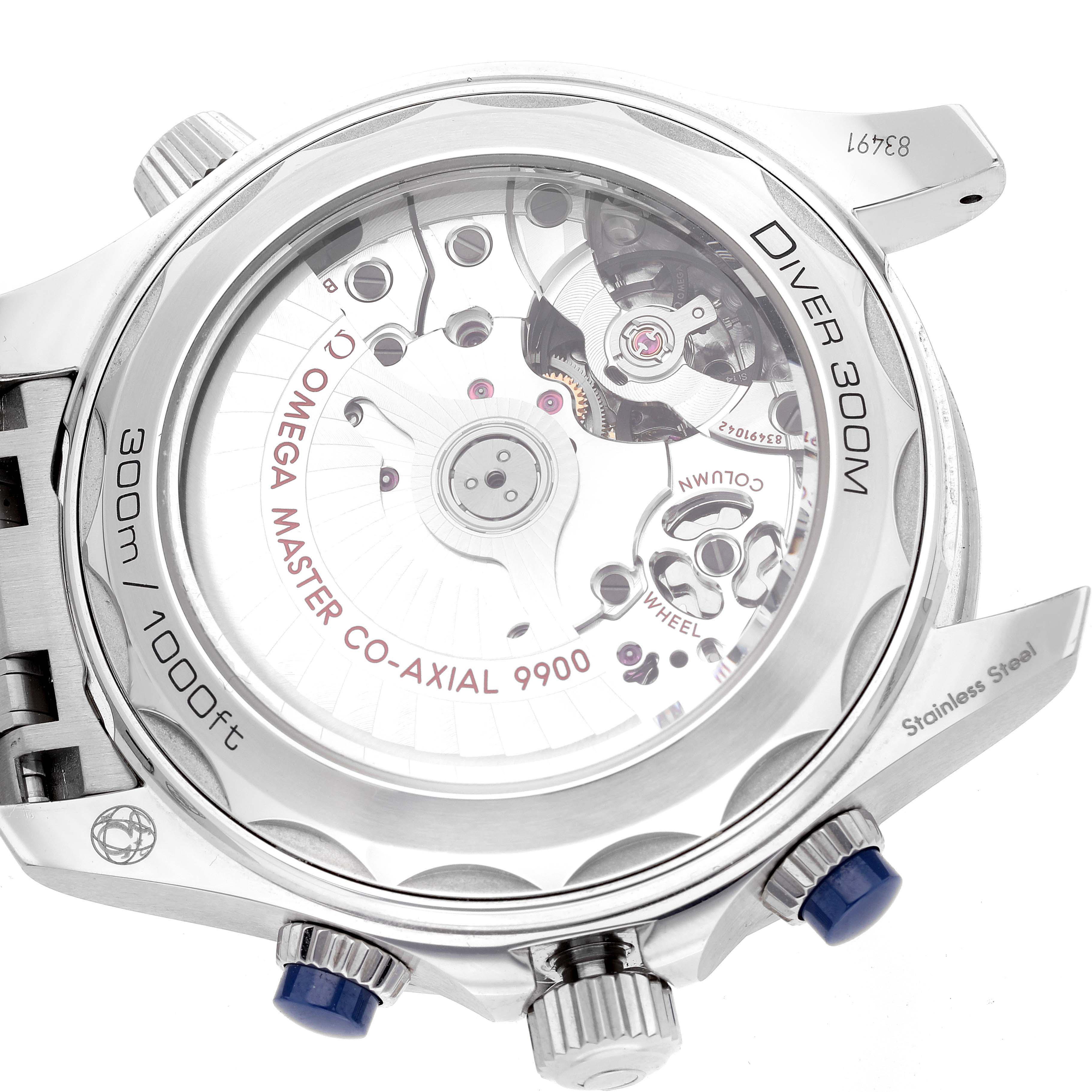 The image shows the back of an Omega Seamaster 210.30.44.51.03.001 Men's Stainless Steel Blue Dial 210.30.44.51.03.001 Men's Stainless Steel Blue Dial Diver 300M watch, highlighting its transparent case back and inner mechanics.