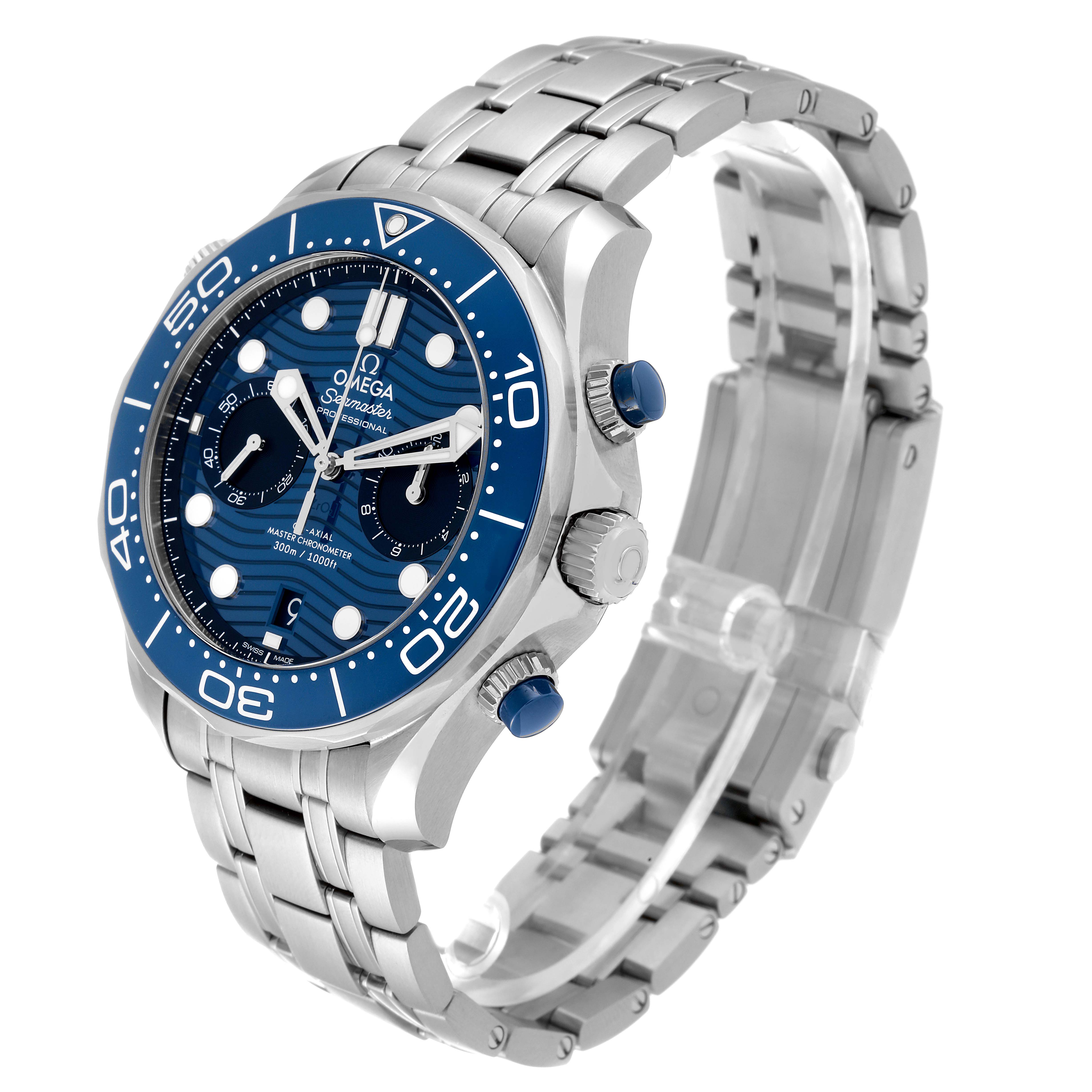 The Omega Seamaster 210.30.44.51.03.001 Men's Stainless Steel Blue Dial 210.30.44.51.03.001 Men's Stainless Steel Blue Dial watch is shown from a three-quarter angle, highlighting its blue bezel, dial, and stainless steel bracelet.