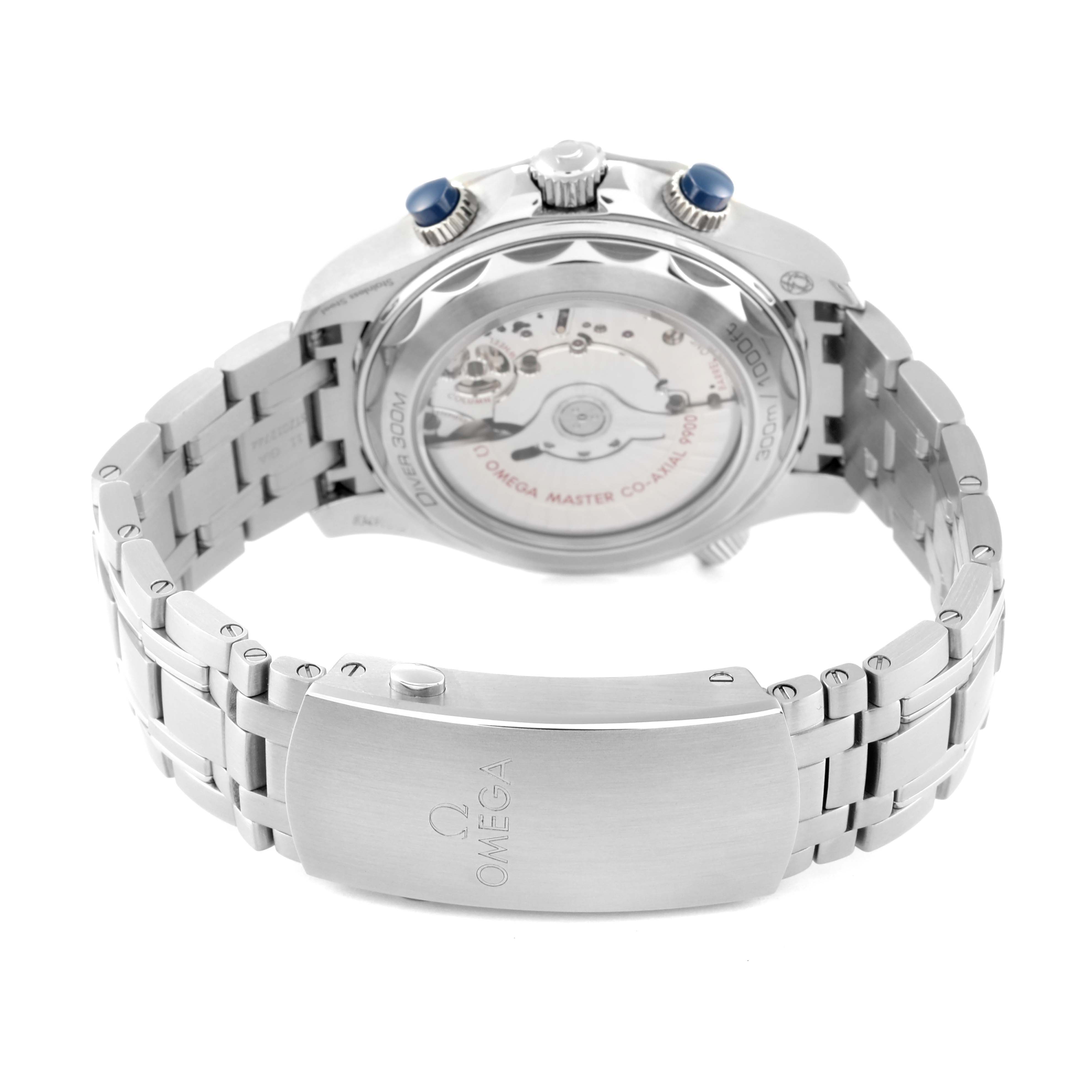 The image shows the back view of an Omega Seamaster 210.30.44.51.03.001 Men's Stainless Steel Blue Dial 210.30.44.51.03.001 Men's Stainless Steel Blue Dial watch, highlighting its open case back and stainless steel bracelet.