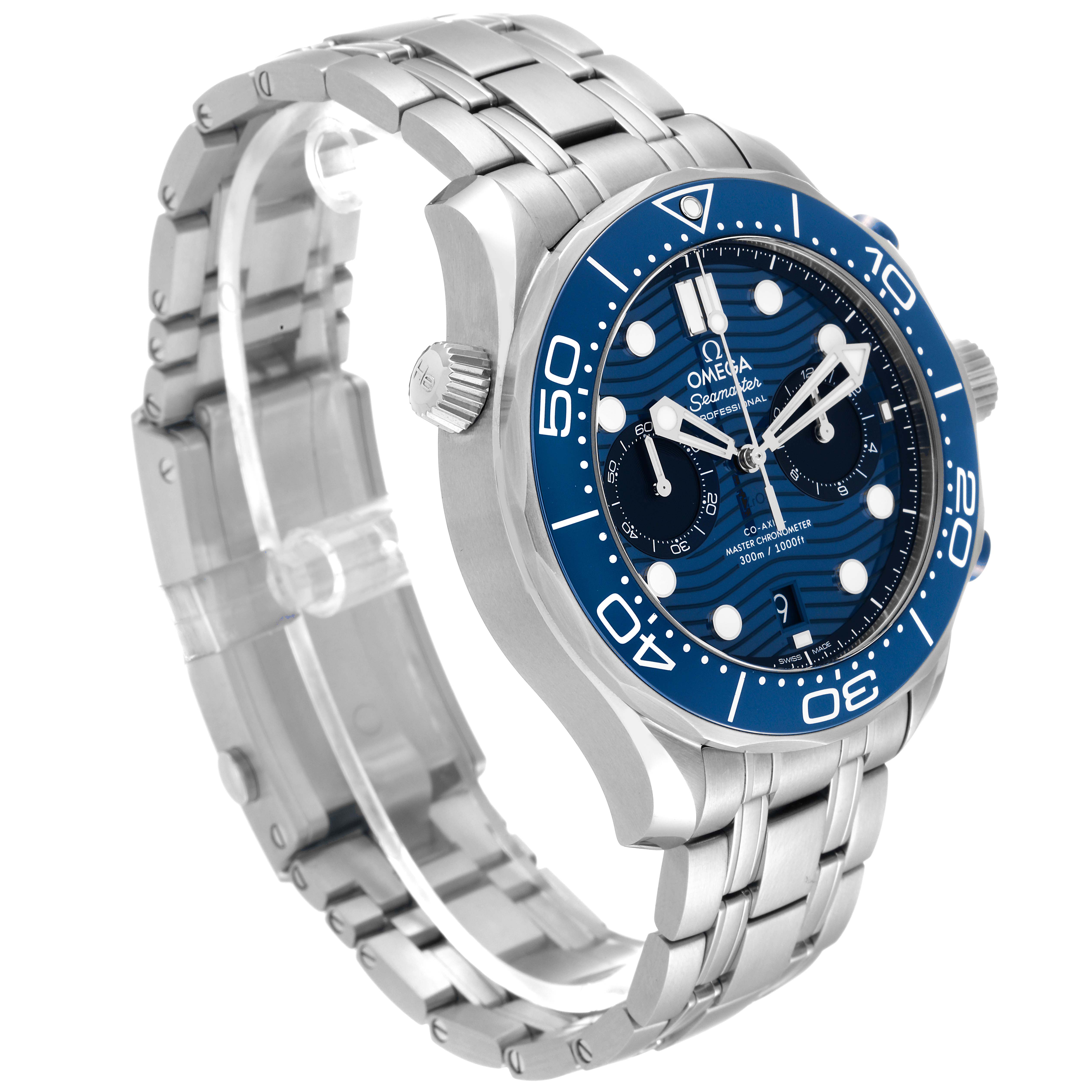 This image shows a side angle of an Omega Seamaster 210.30.44.51.03.001 Men's Stainless Steel Blue Dial 210.30.44.51.03.001 Men's Stainless Steel Blue Dial watch, highlighting its blue dial, bezel, and silver bracelet.