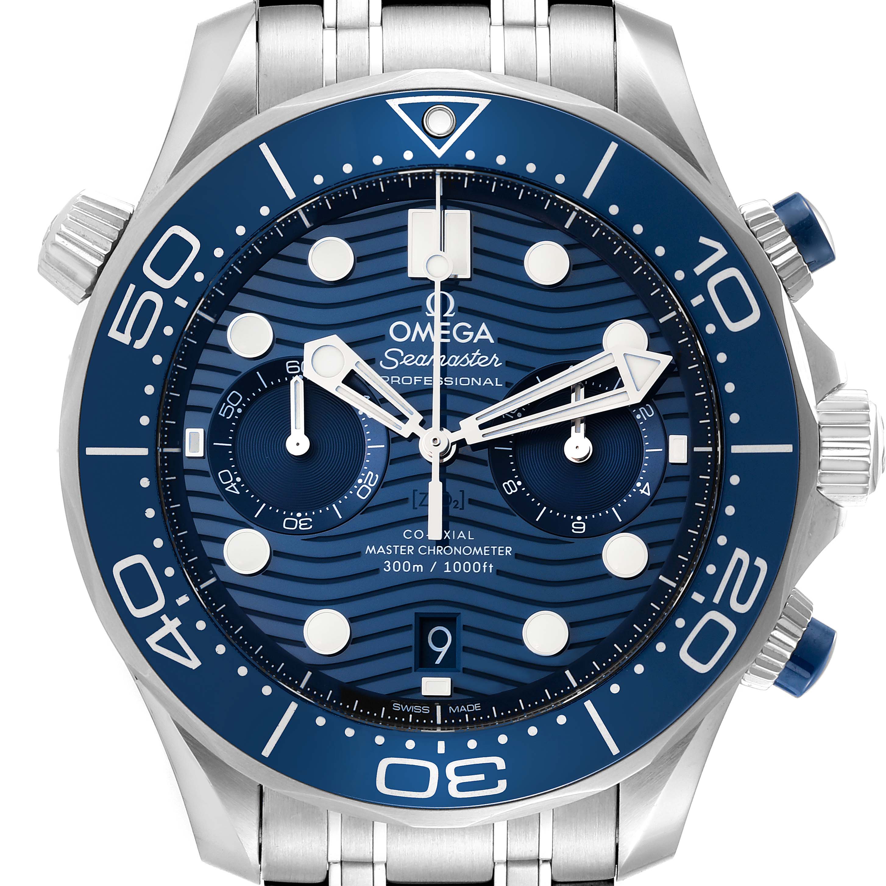 The Omega Seamaster 210.30.44.51.03.001 Men's Stainless Steel Blue Dial 210.30.44.51.03.001 Men's Stainless Steel Blue Dial watch is shown from the front, displaying its blue dial, chronograph subdials, and stainless steel bracelet.