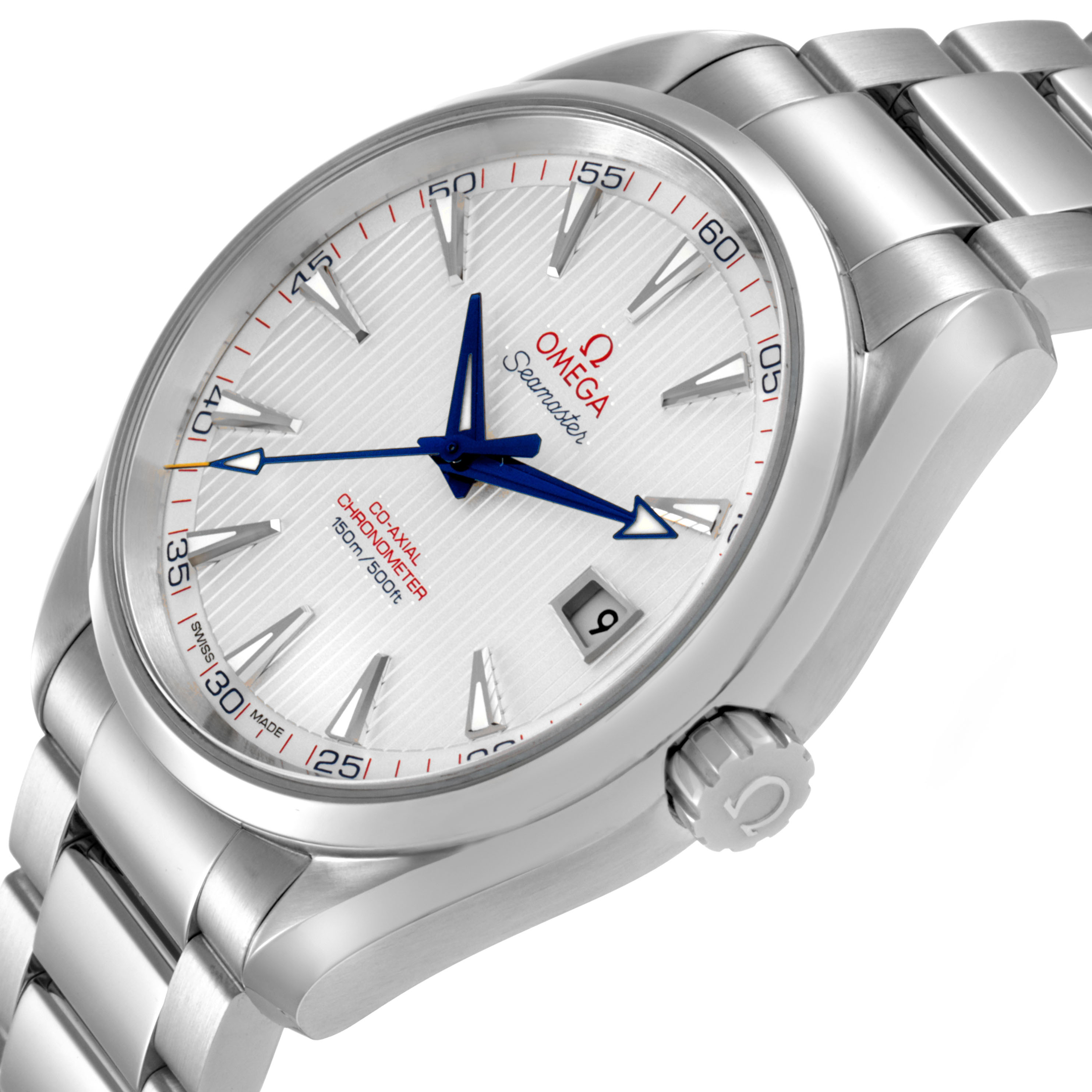 The Omega Aqua Terra 231.10.42.21.02.002 Men's Stainless Steel Silver Dial watch is shown from a slight side angle, highlighting the face, crown, and part of the bracelet.