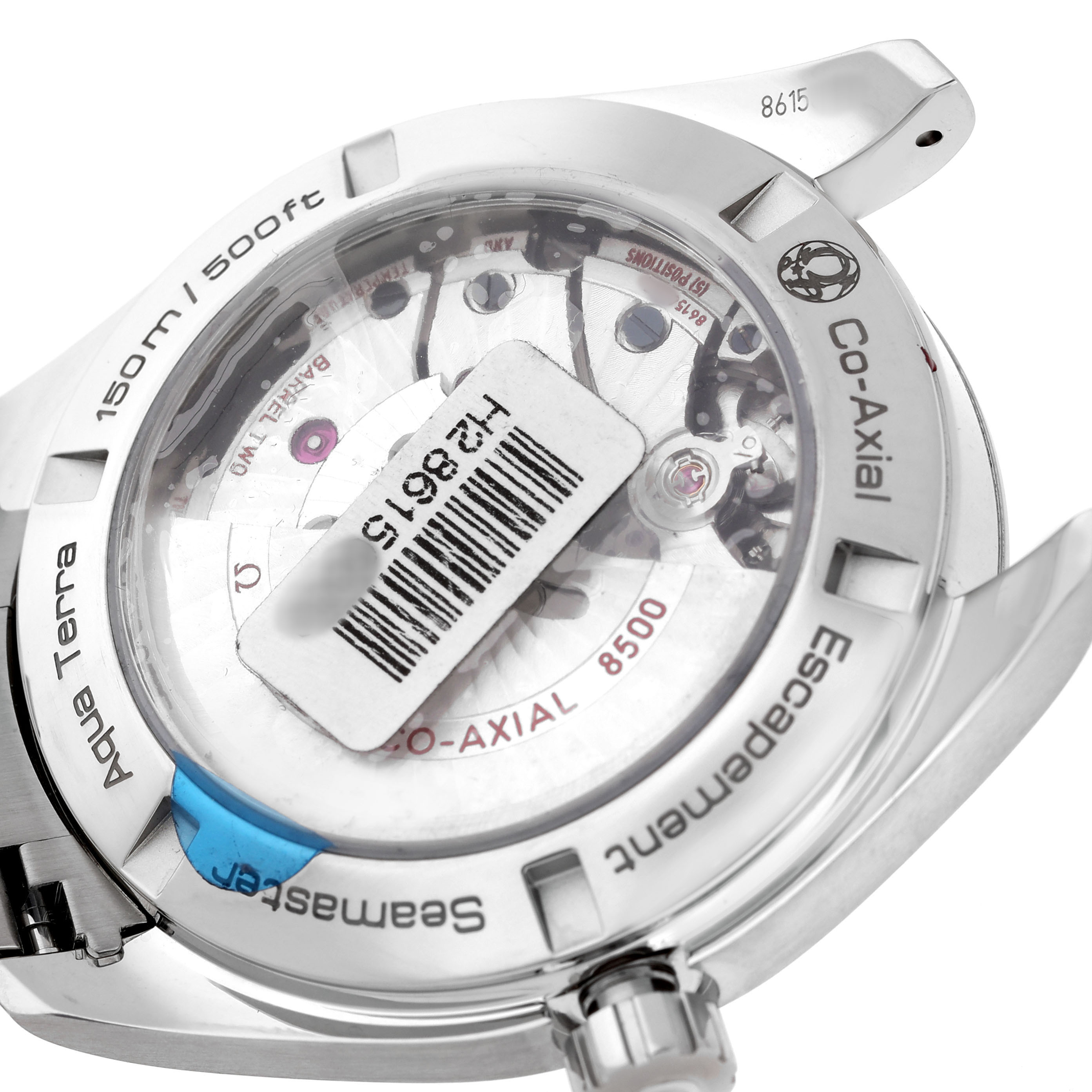 The image shows the back of an Omega Aqua Terra 231.10.42.21.02.002 Men's Stainless Steel Silver Dial watch, highlighting the Co-Axial movement and inner mechanism through a transparent caseback.