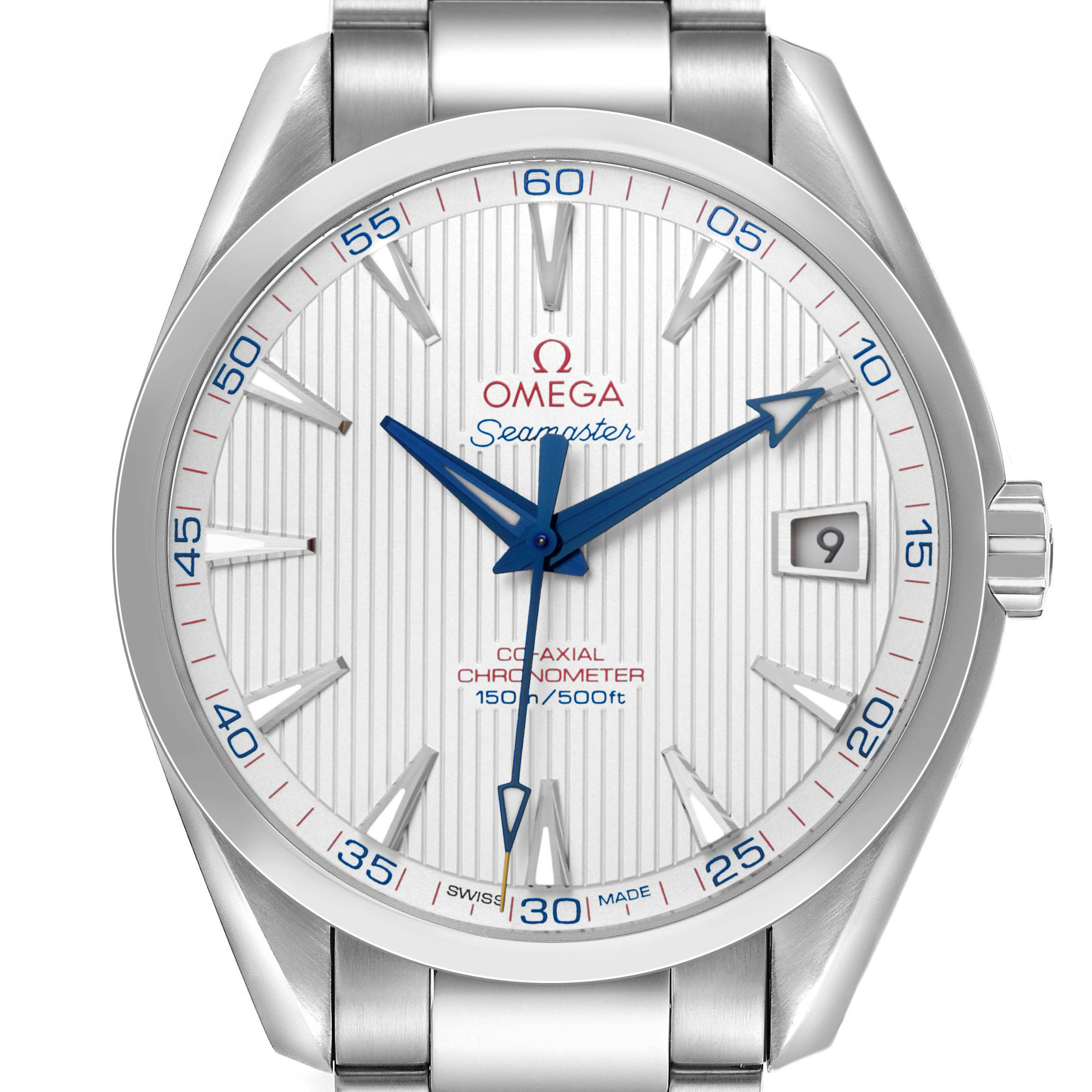 The Omega Aqua Terra 231.10.42.21.02.002 Men's Stainless Steel Silver Dial watch is shown from the front, highlighting the dial, hands, date feature, and stainless steel bracelet.
