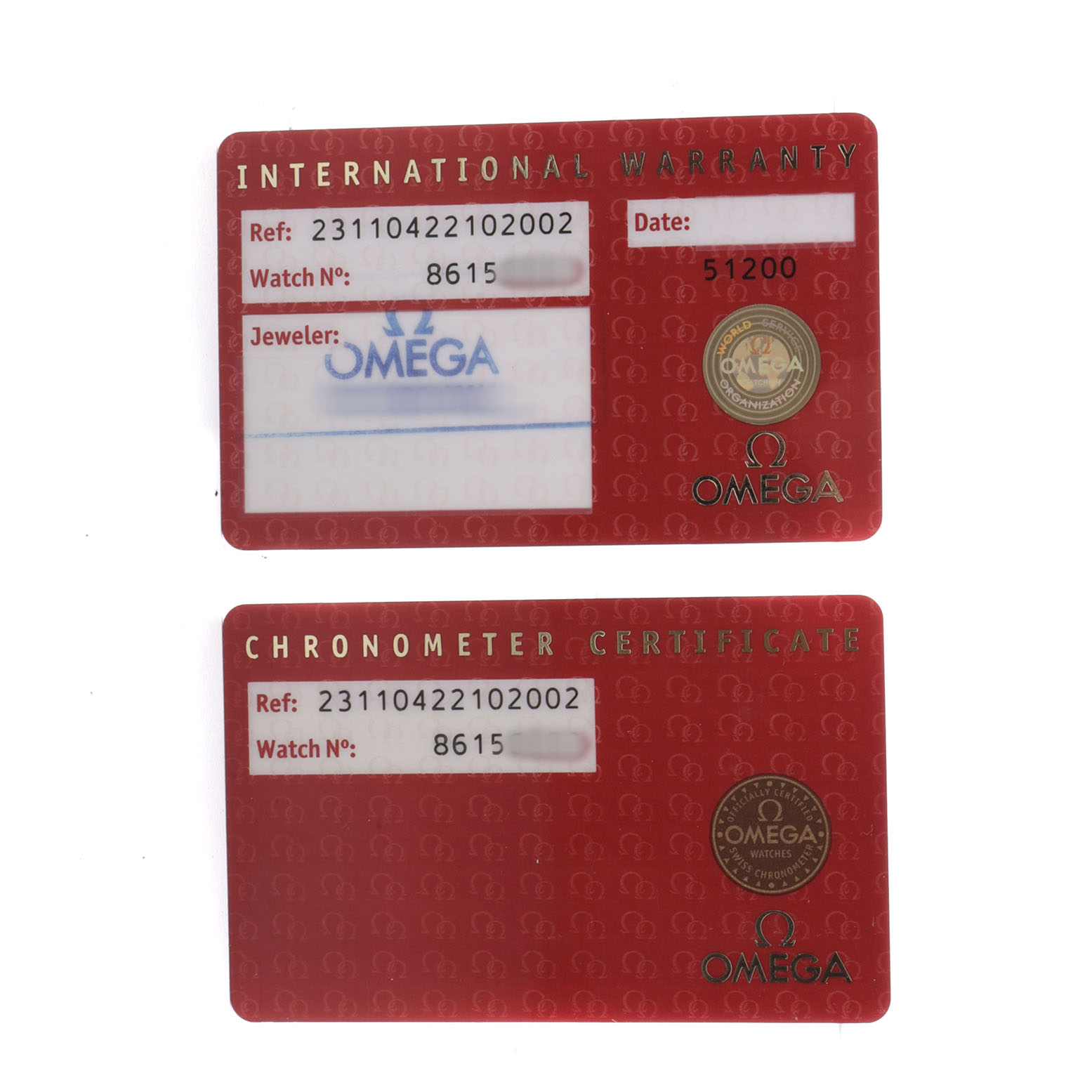 The image shows two Omega Aqua Terra 231.10.42.21.02.002 Men's Stainless Steel Silver Dial model warranty cards: an International Warranty and a Chronometer Certificate.