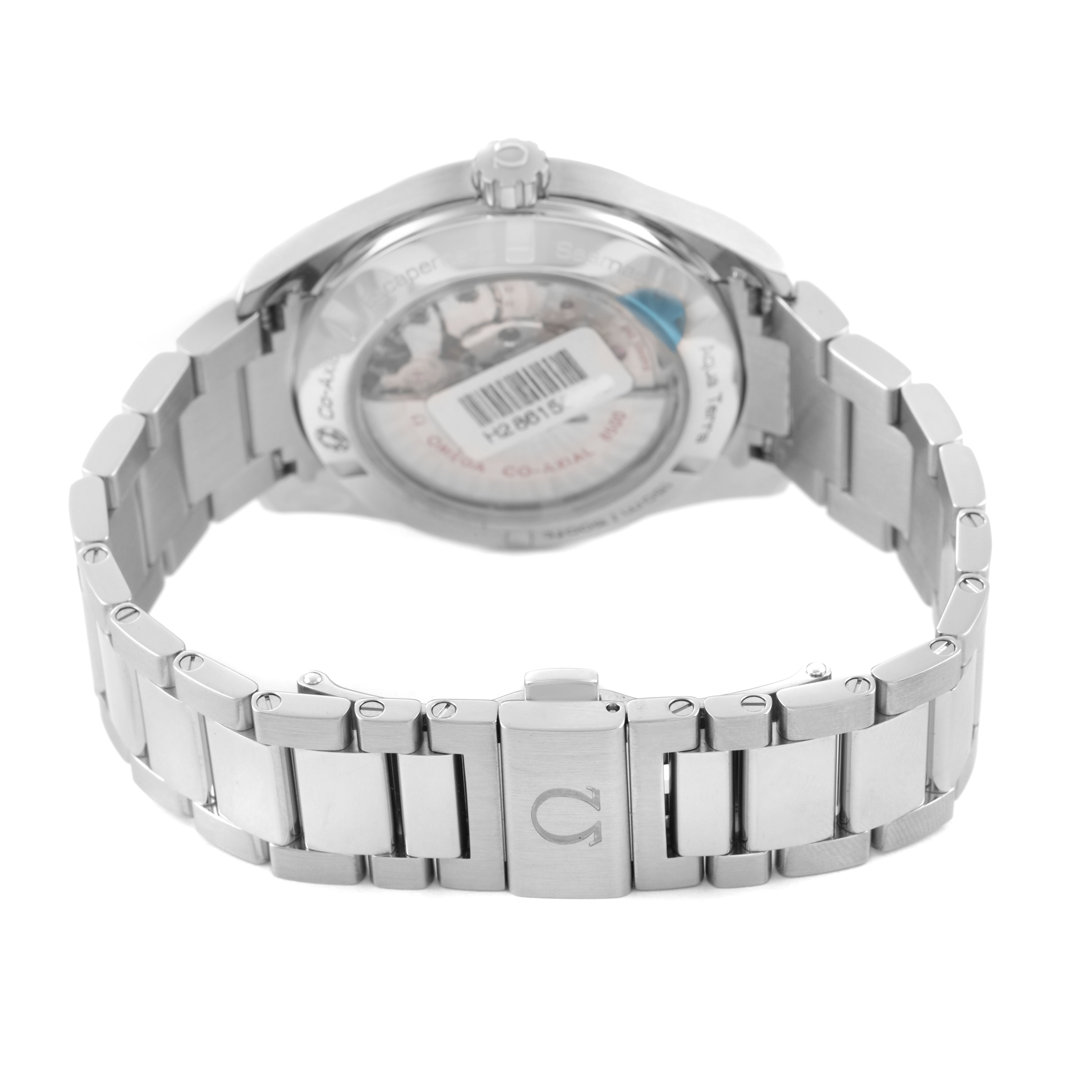 The Omega Aqua Terra 231.10.42.21.02.002 Men's Stainless Steel Silver Dial watch is shown from the back, highlighting the clasp, bracelet, and transparent case back.