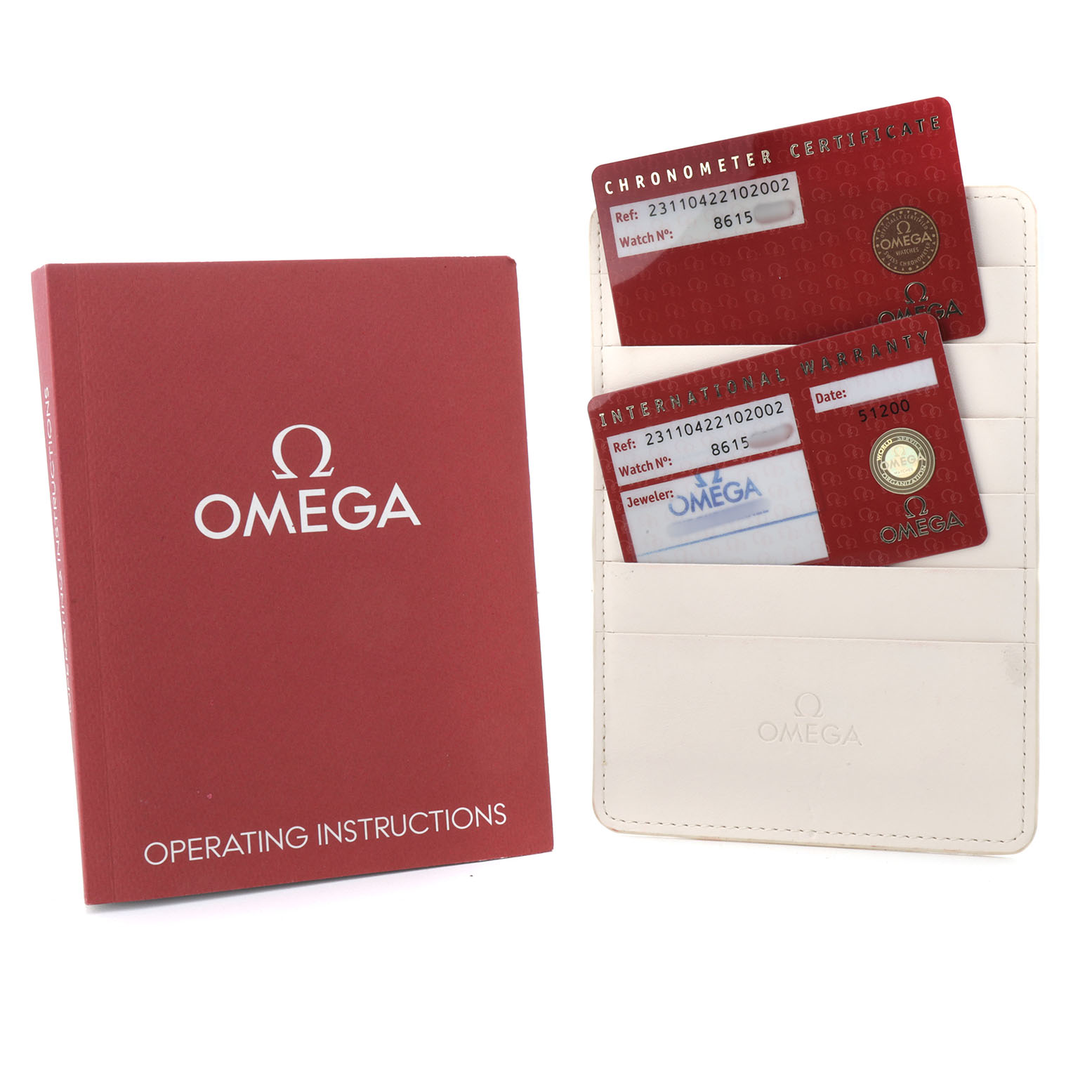 The image shows the Omega Aqua Terra 231.10.42.21.02.002 Men's Stainless Steel Silver Dial operating manual and warranty cards in a holder, viewed from above.
