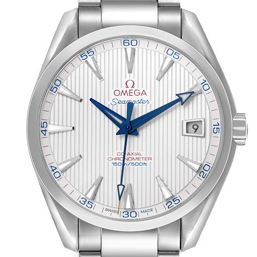 The Omega Aqua Terra 231.10.42.21.02.002 Men's Stainless Steel Silver Dial watch is shown from the front, displaying its dial, hands, date window, and part of the bracelet.