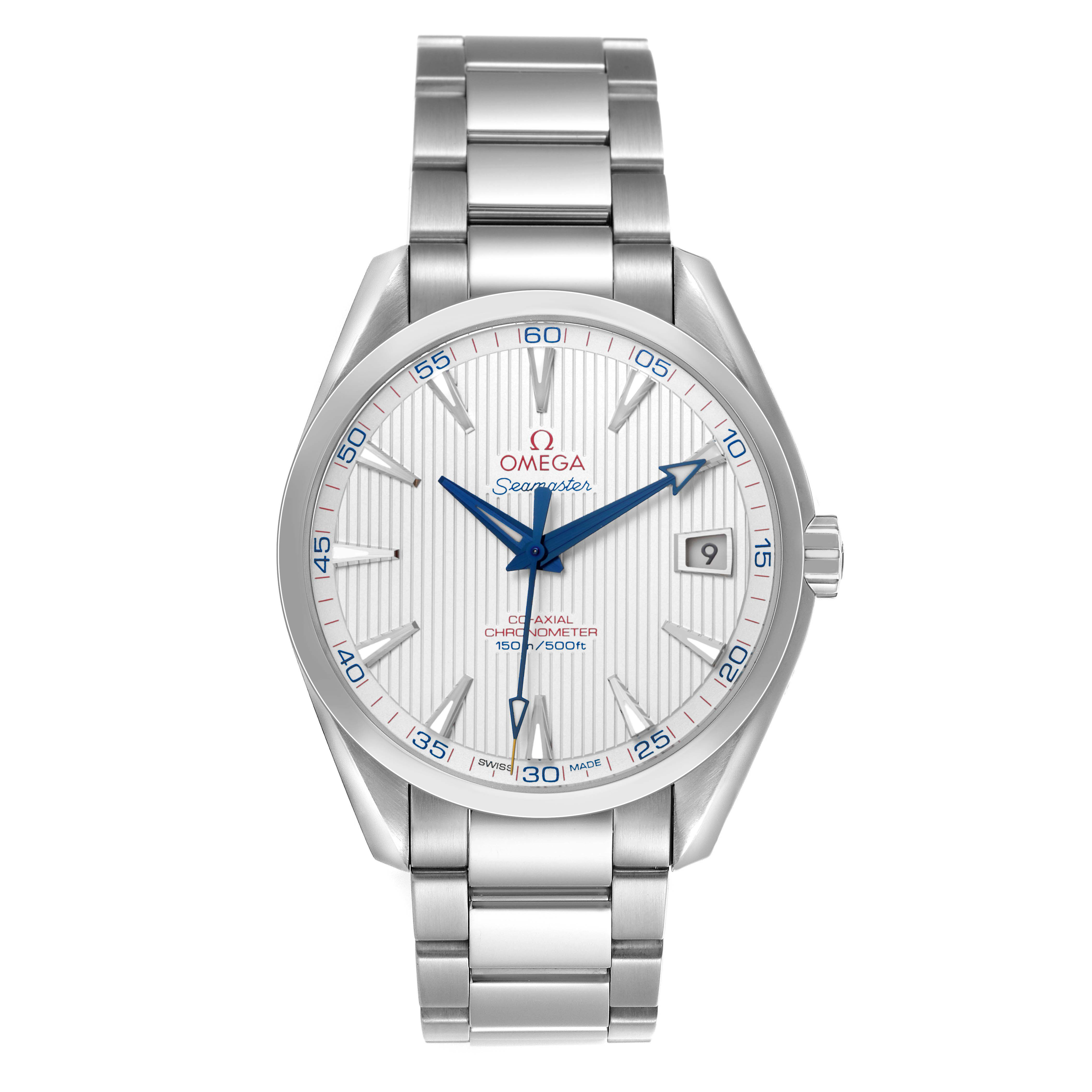The Omega Aqua Terra 231.10.42.21.02.002 Men's Stainless Steel Silver Dial watch is shown from the front, displaying the dial, hands, date window, and stainless steel bracelet.