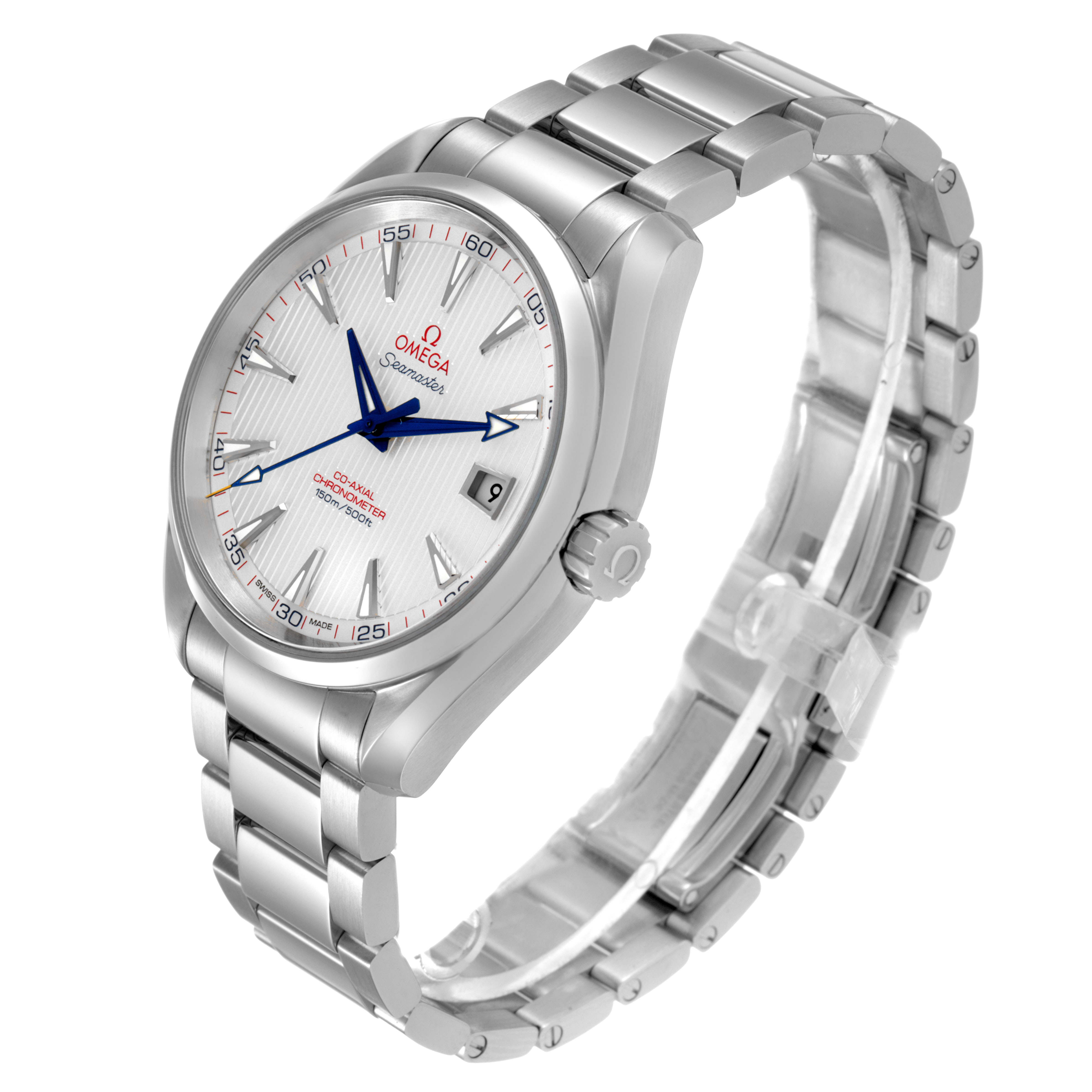The Omega Aqua Terra 231.10.42.21.02.002 Men's Stainless Steel Silver Dial watch is shown at a slight side angle, displaying the face, bracelet, case, and crown.