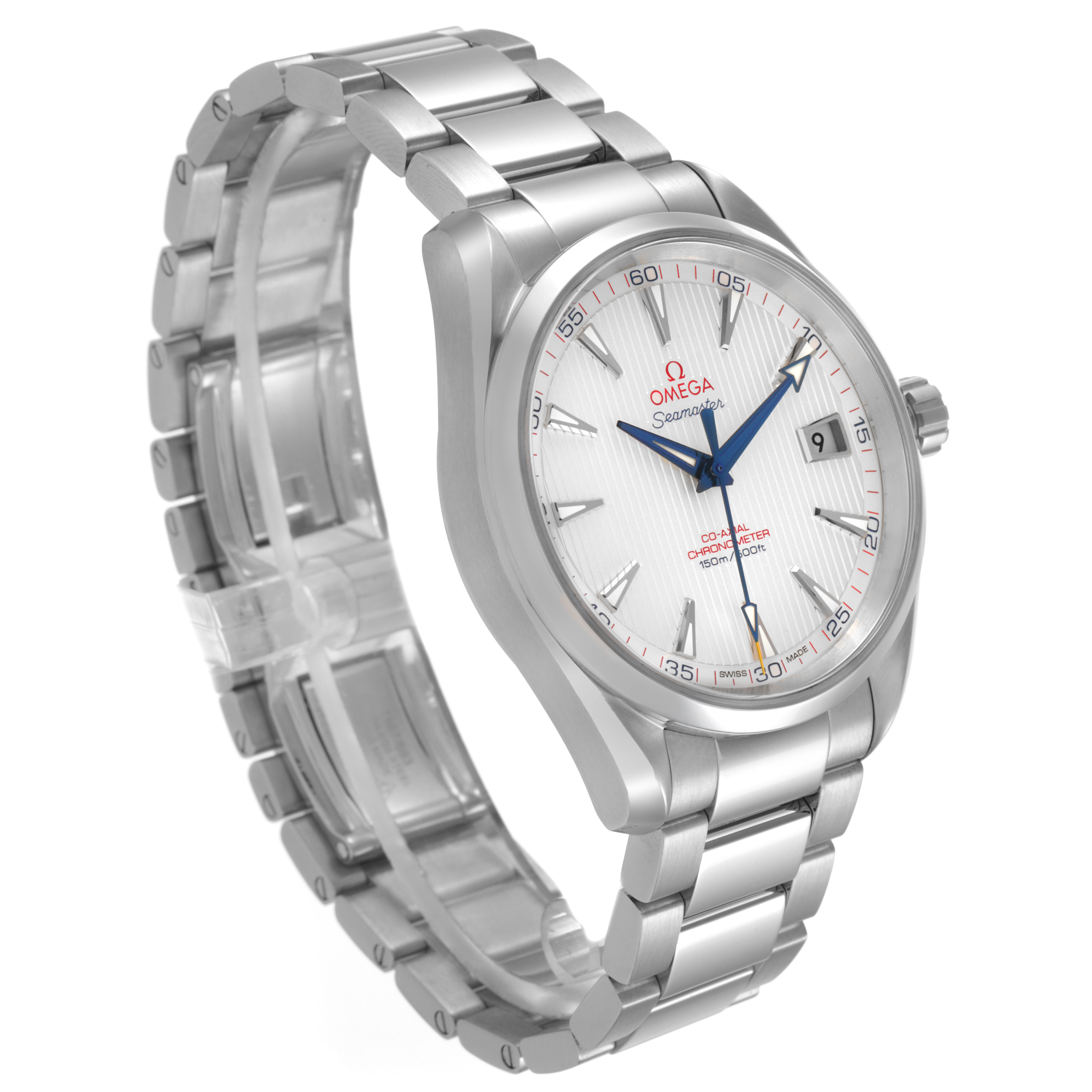 The Omega Aqua Terra 231.10.42.21.02.002 Men's Stainless Steel Silver Dial watch is shown at a slight angle, featuring the face, bracelet, and crown.