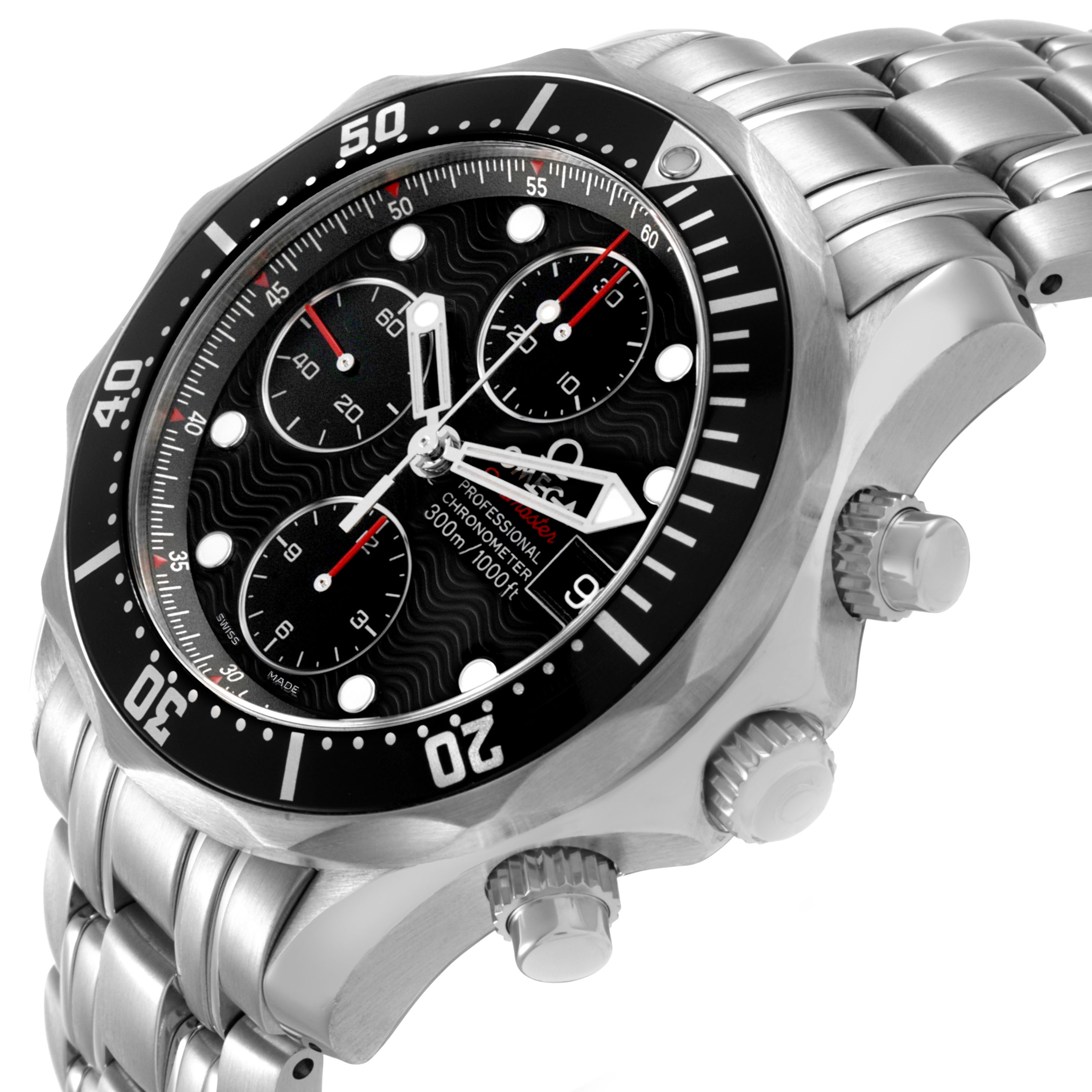 The Omega Seamaster 213.30.42.40.01.001 Men's Stainless Steel Black Dial watch is shown at a three-quarter angle, highlighting the face, bezel, and band.