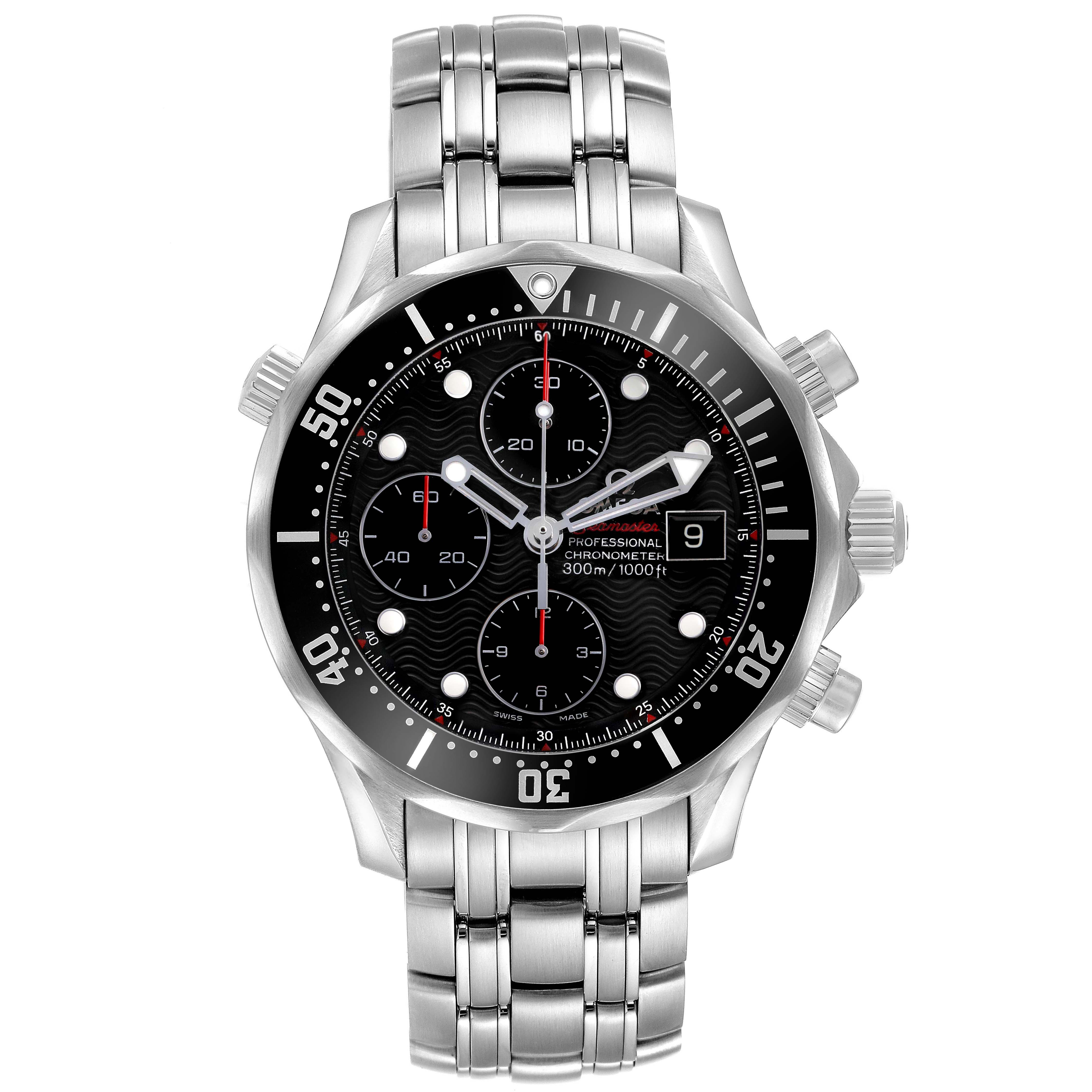 The Omega Seamaster 213.30.42.40.01.001 Men's Stainless Steel Black Dial watch is shown from the front, displaying its dial, bezel, subdials, and stainless steel bracelet.