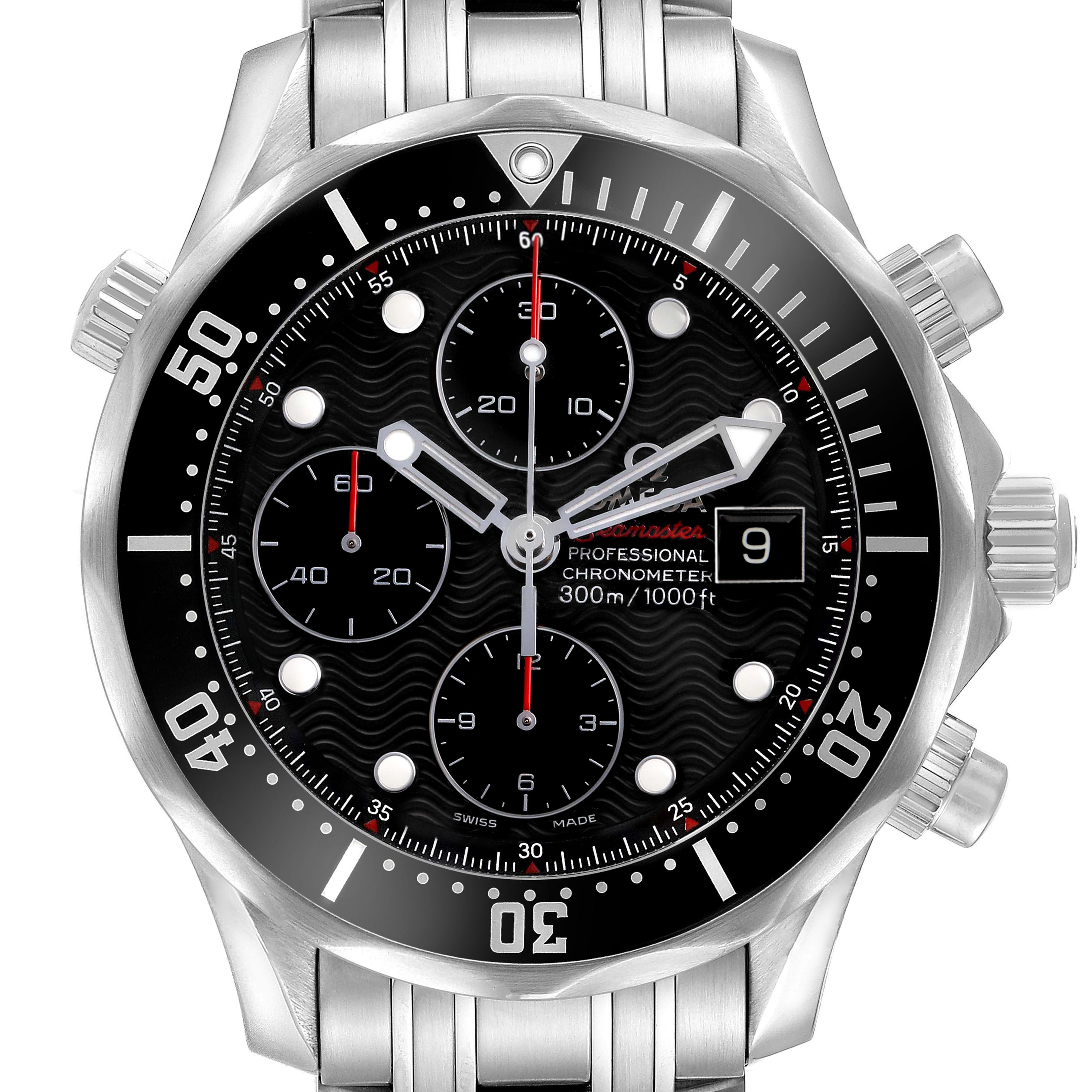 The Omega Seamaster 213.30.42.40.01.001 Men's Stainless Steel Black Dial watch is shown from the front, highlighting its black wave-patterned dial, subdials, and stainless steel bracelet.