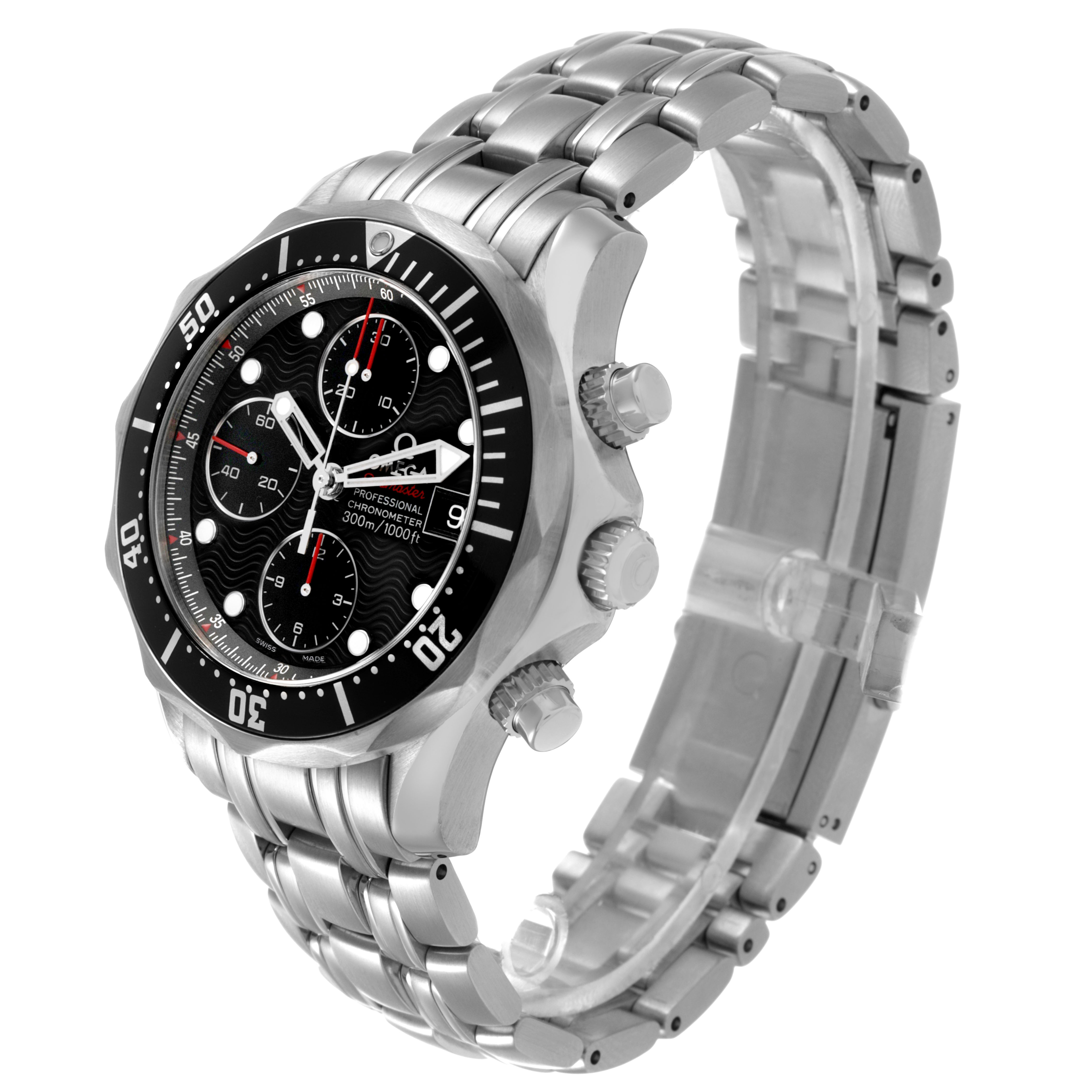 The Omega Seamaster 213.30.42.40.01.001 Men's Stainless Steel Black Dial watch is shown from a three-quarter angle, highlighting the face, bezel, crown, and bracelet.