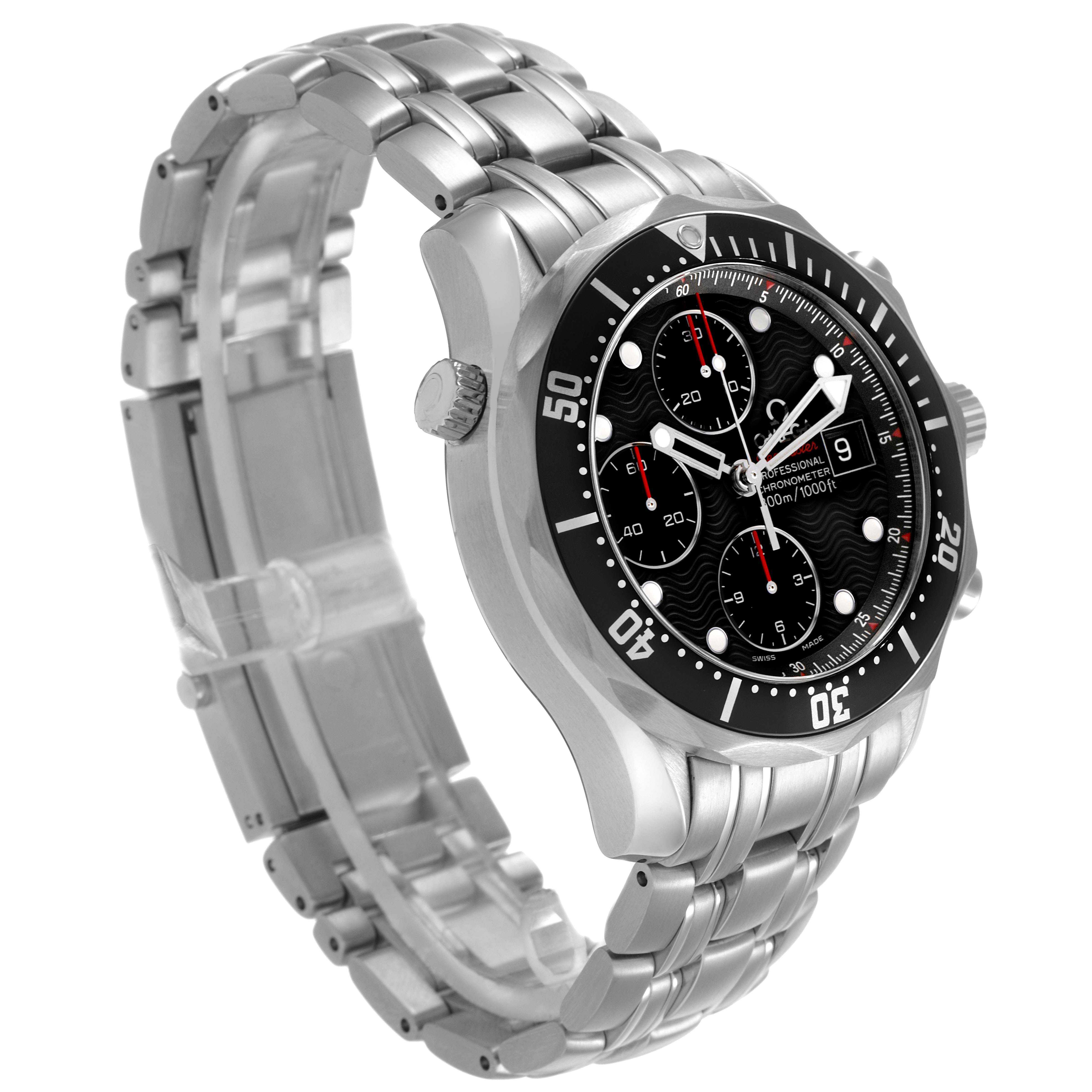 The Omega Seamaster 213.30.42.40.01.001 Men's Stainless Steel Black Dial watch is shown at a three-quarter side angle, highlighting the dial, bezel, and bracelet.
