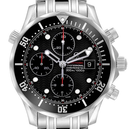 The image shows a front view of an Omega Seamaster 213.30.42.40.01.001 Men's Stainless Steel Black Dial watch, highlighting its black dial, chronograph subdials, and bezel.